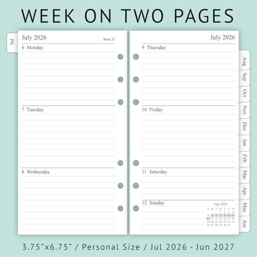 Planner Refill 3.75×6.75 Inch Jul 2026 Jun 2027 Weekly Monthly A6 Ring Binder