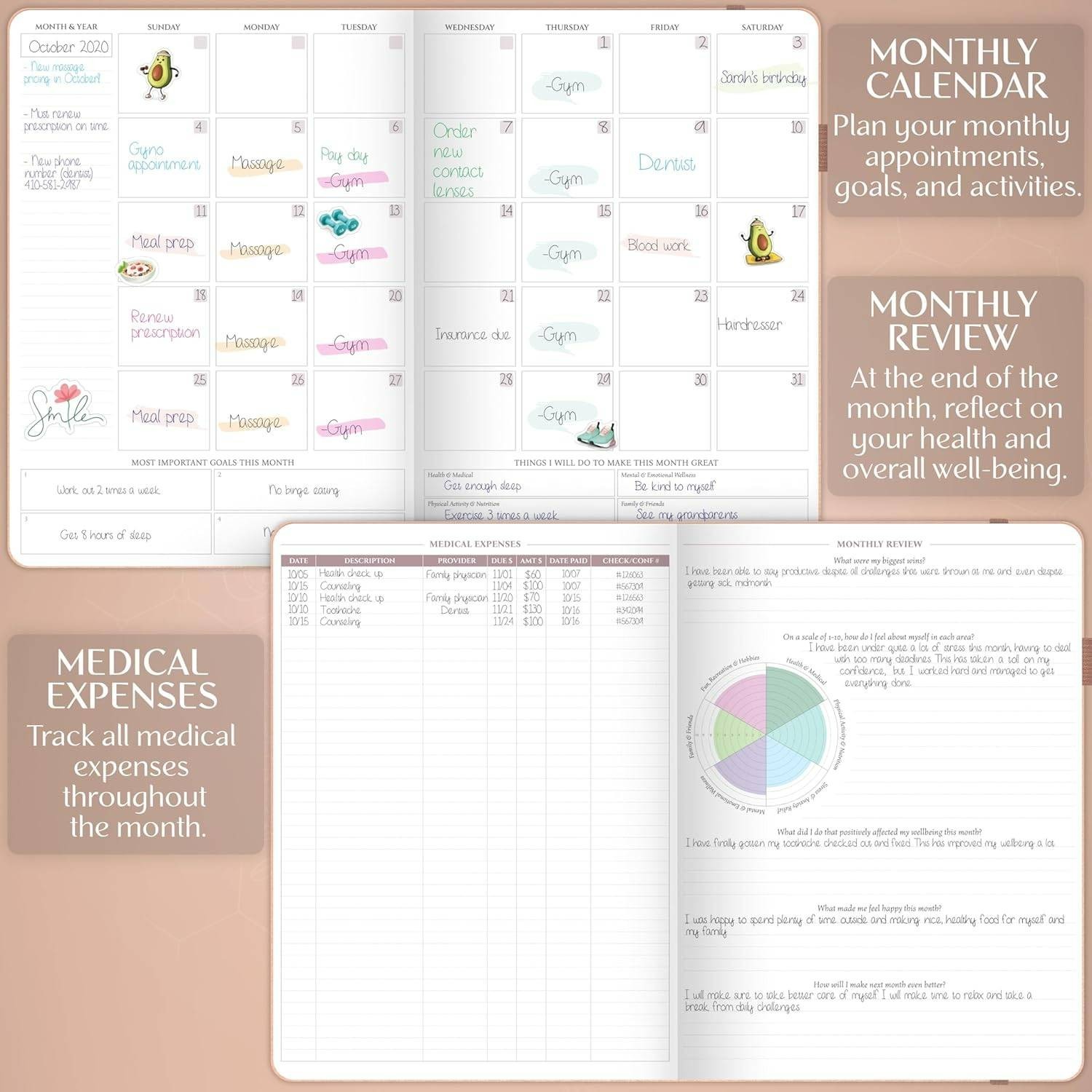 Legend Medical Planner 12-Month Health Tracker Journal Large (Rose Gold)