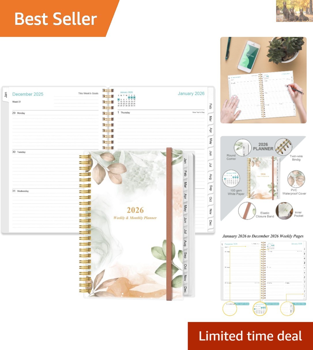 Compact 2026 Weekly & Monthly Planner – A5 Size, Rose Leaf Cover, Tabs Included
