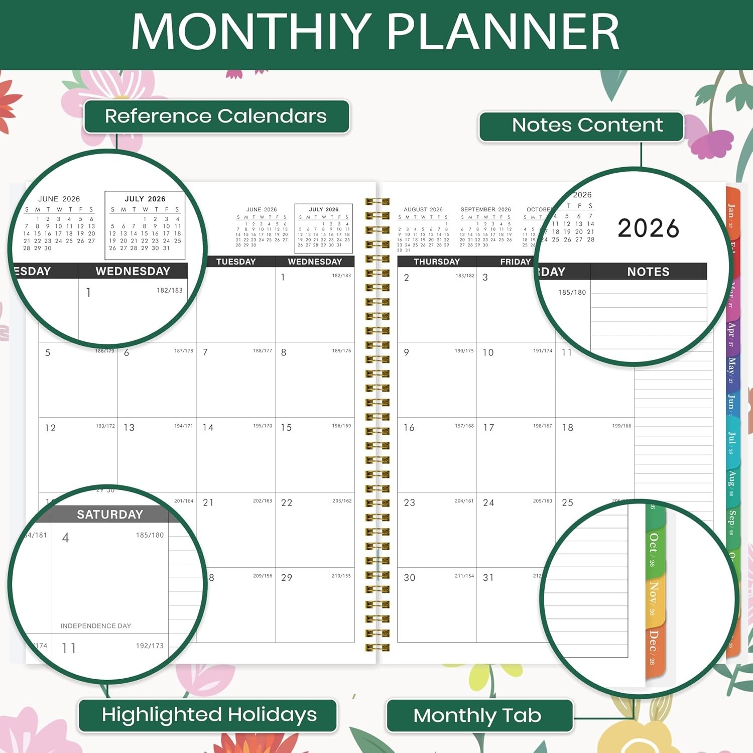 2026-2027 Monthly Calendar – 9″ x 11″ with Colorful Tabs and Back Pocket