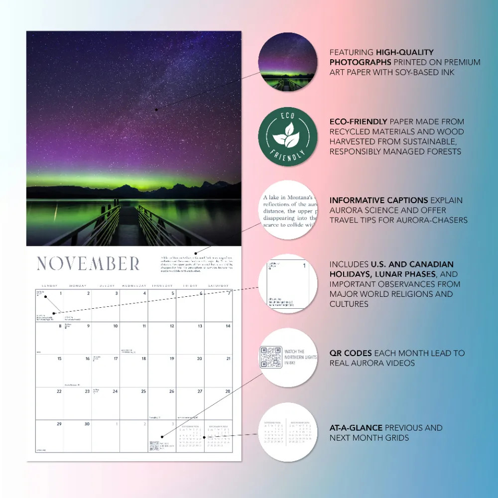 Northern Lights Calendar 2026 | 12″ x 24″ 12 Month Calendar | Marble City Press