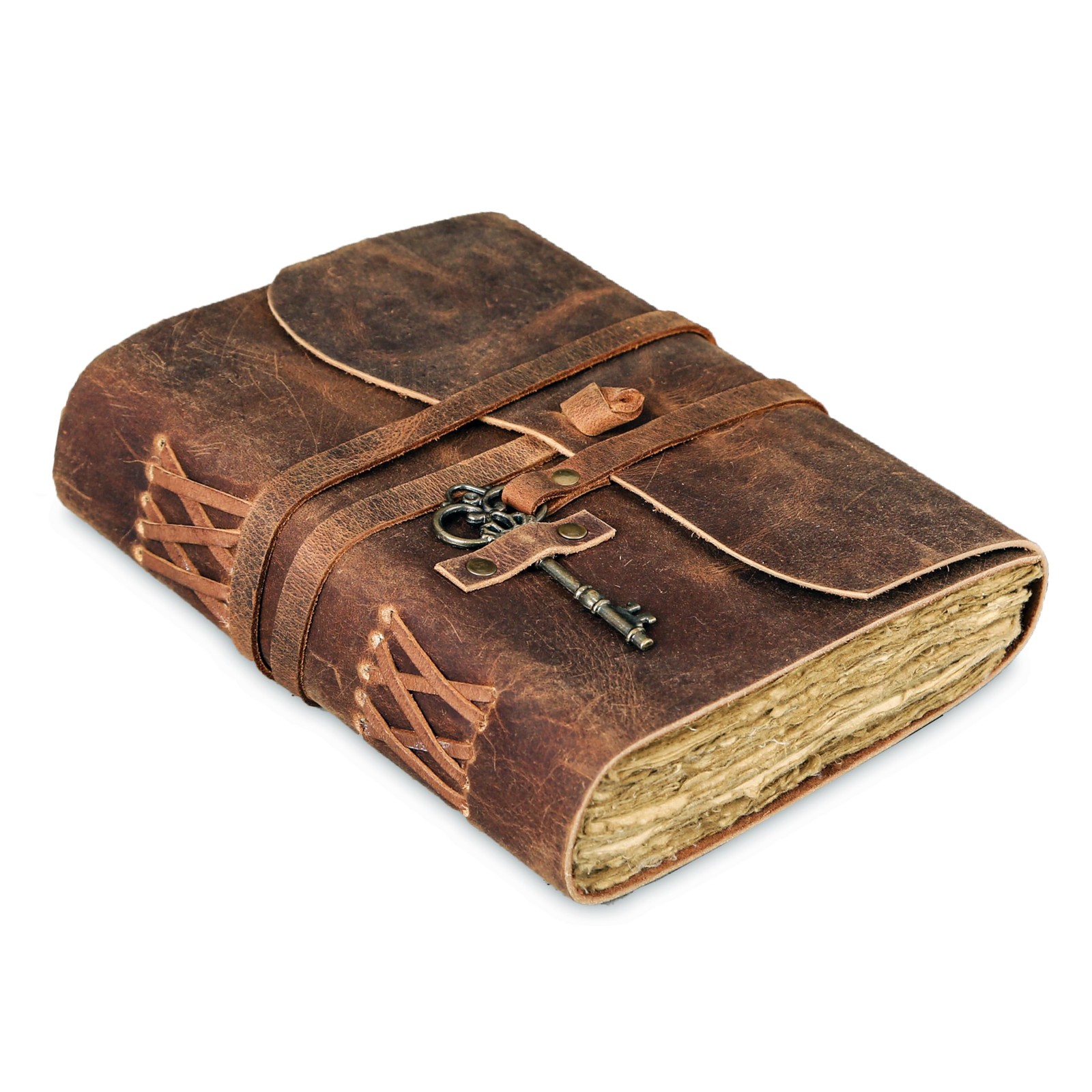 Leather Journal with Deckle Edge Paper 8×6 inch and Vintage Key 7 x 5, Brown