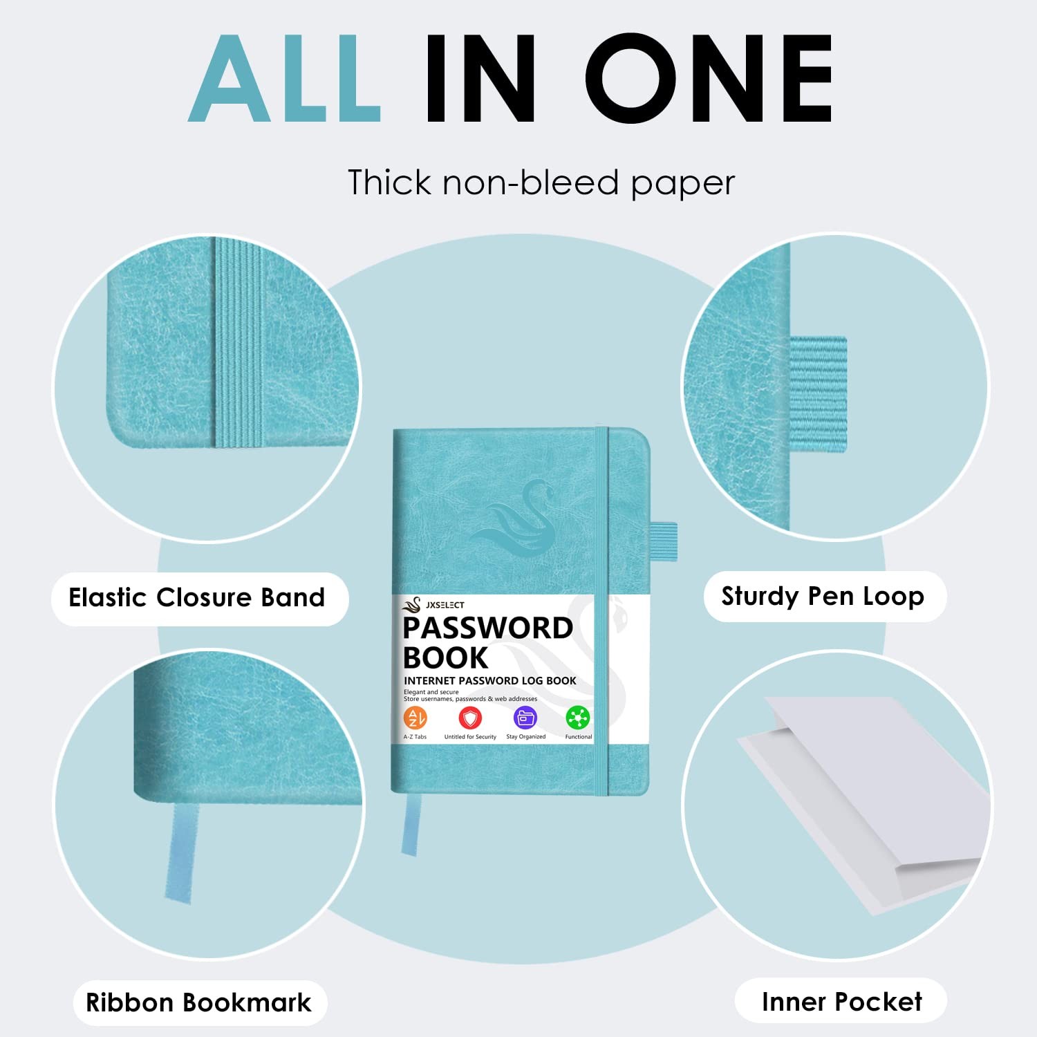 Elegant Password Book with Alphabetical Medium (5.2 x 7.6 Inch), Turquoise