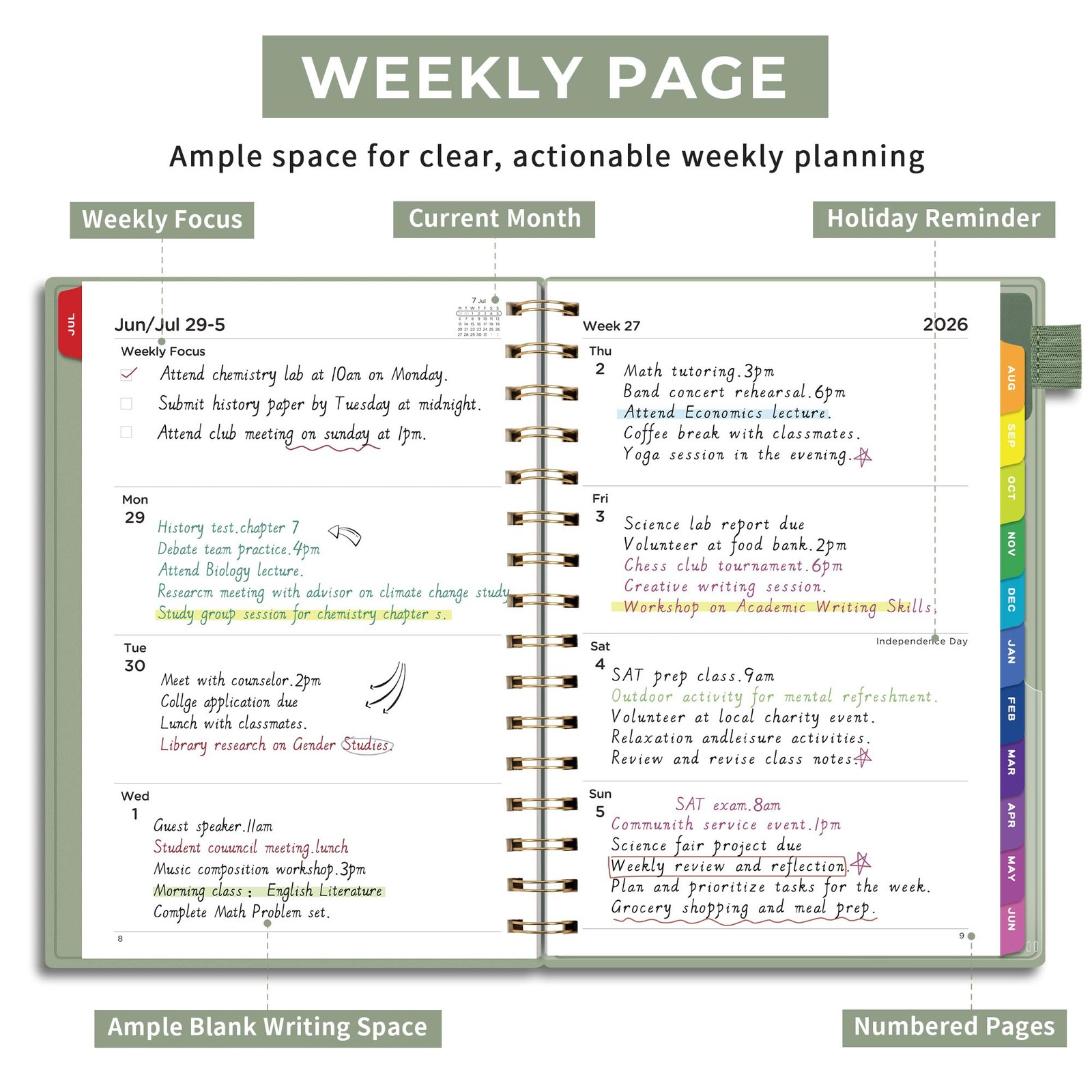 EMSHOI Academic Planner 2026-2027, Weekly and Monthly A5, Light Green