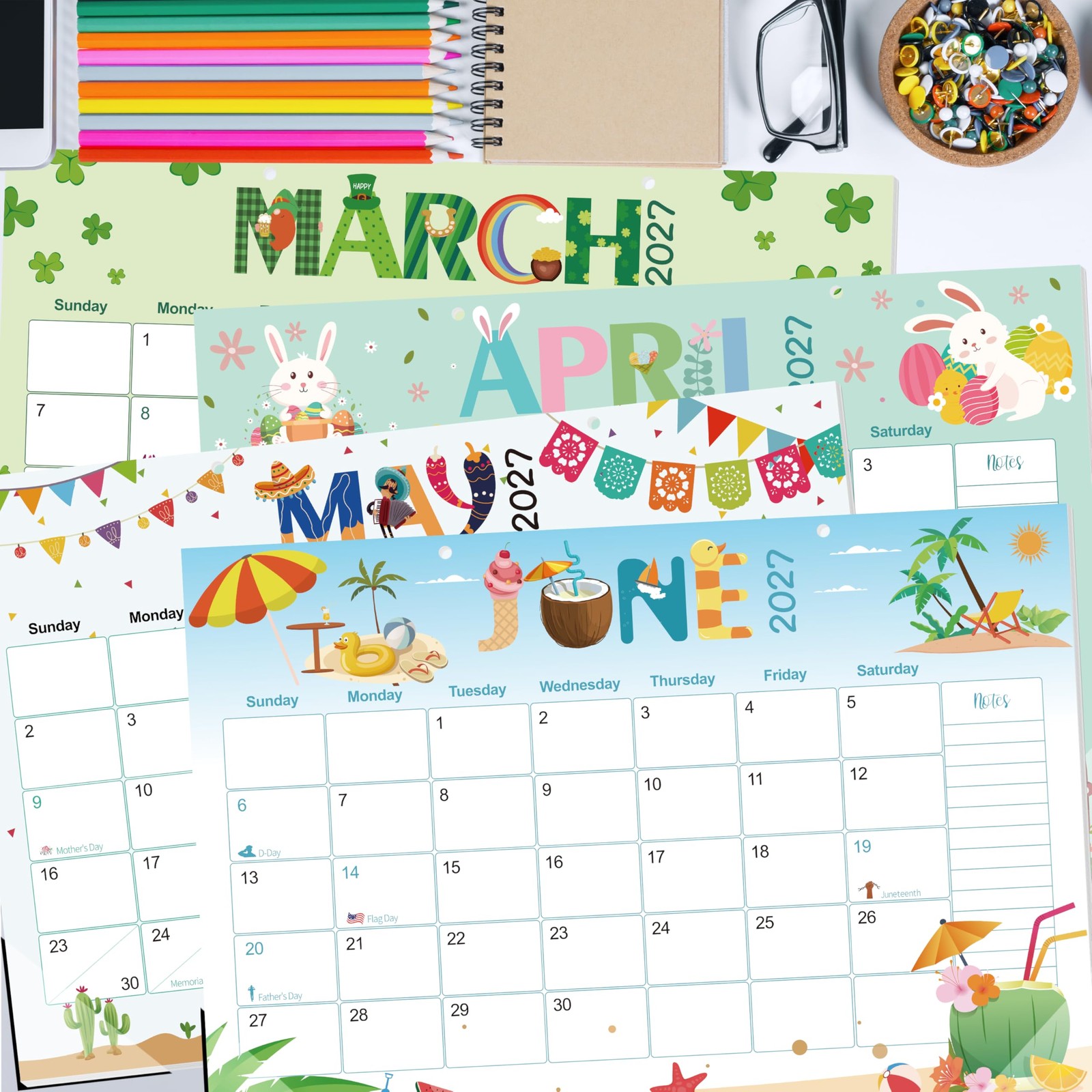Guasslee Desk Calendar 2026-2027, 19-Month School 17″x11.5″, Jun 19month blue