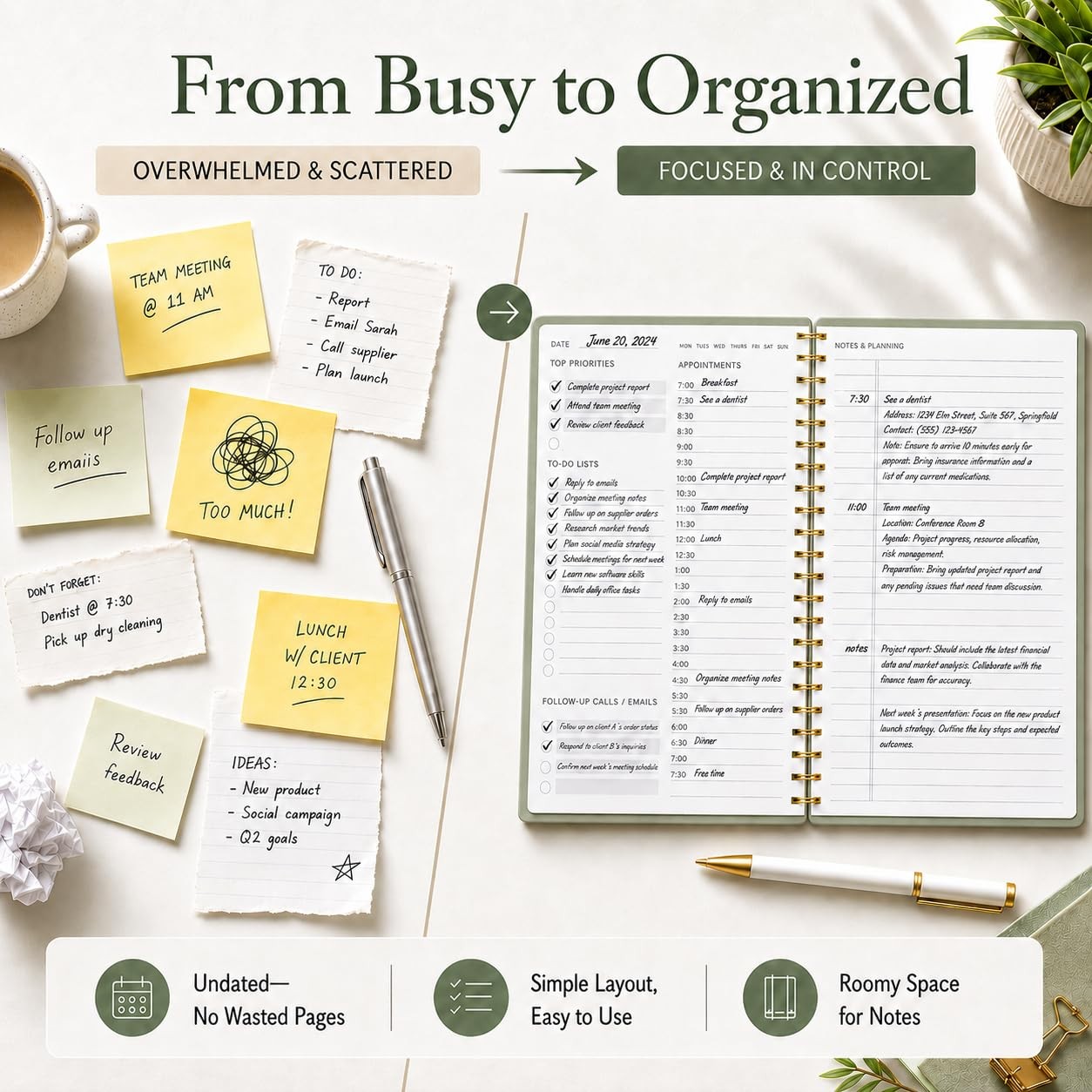 Daily Planner Undated – Simplified To Do List 5.5 x 8.5 inches, a.Green