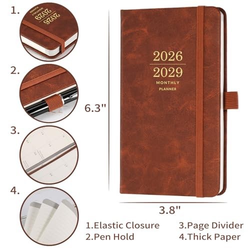 3-Year Monthly Pocket Planner 2026-2029, Faux Leather, 3.8″x6.3″, Pen Holder, 2