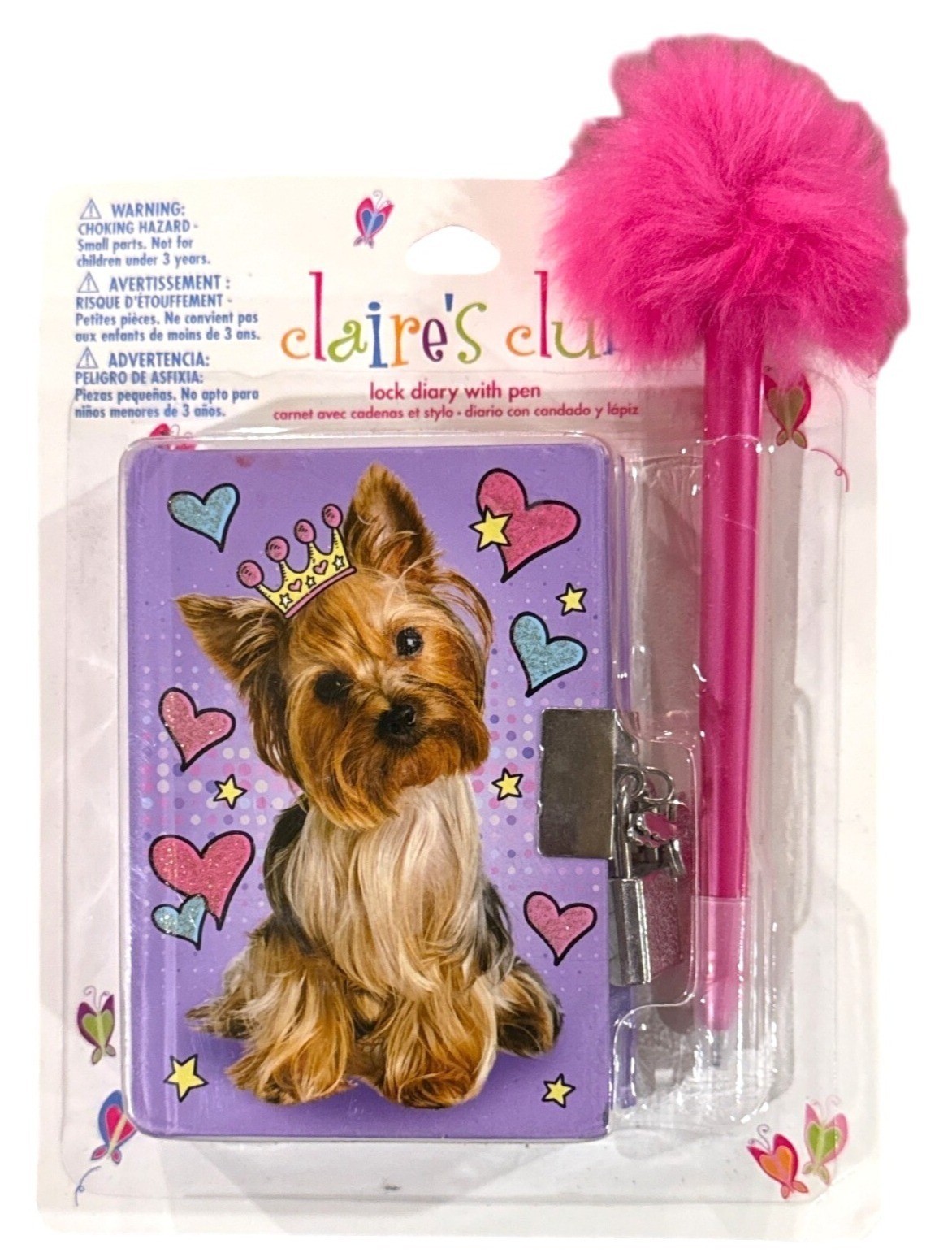 Vintage Claire’s Club Mini Diary Lock & Key Pom Pom Pen Set 4″ x 3″ x.75″ Purple