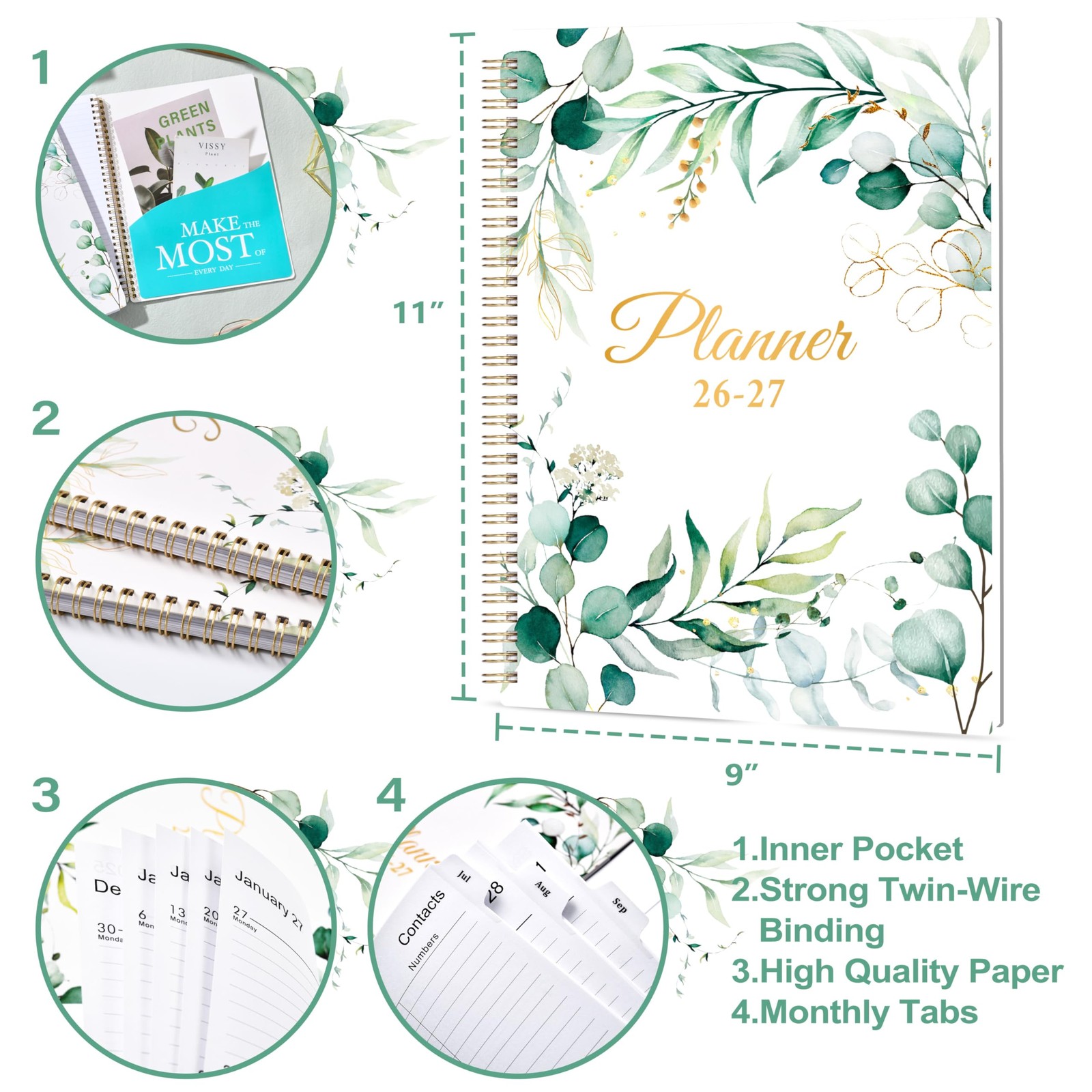 Planner 2026-2027 – 9″ x 11″ Weekly and x 11″, Green