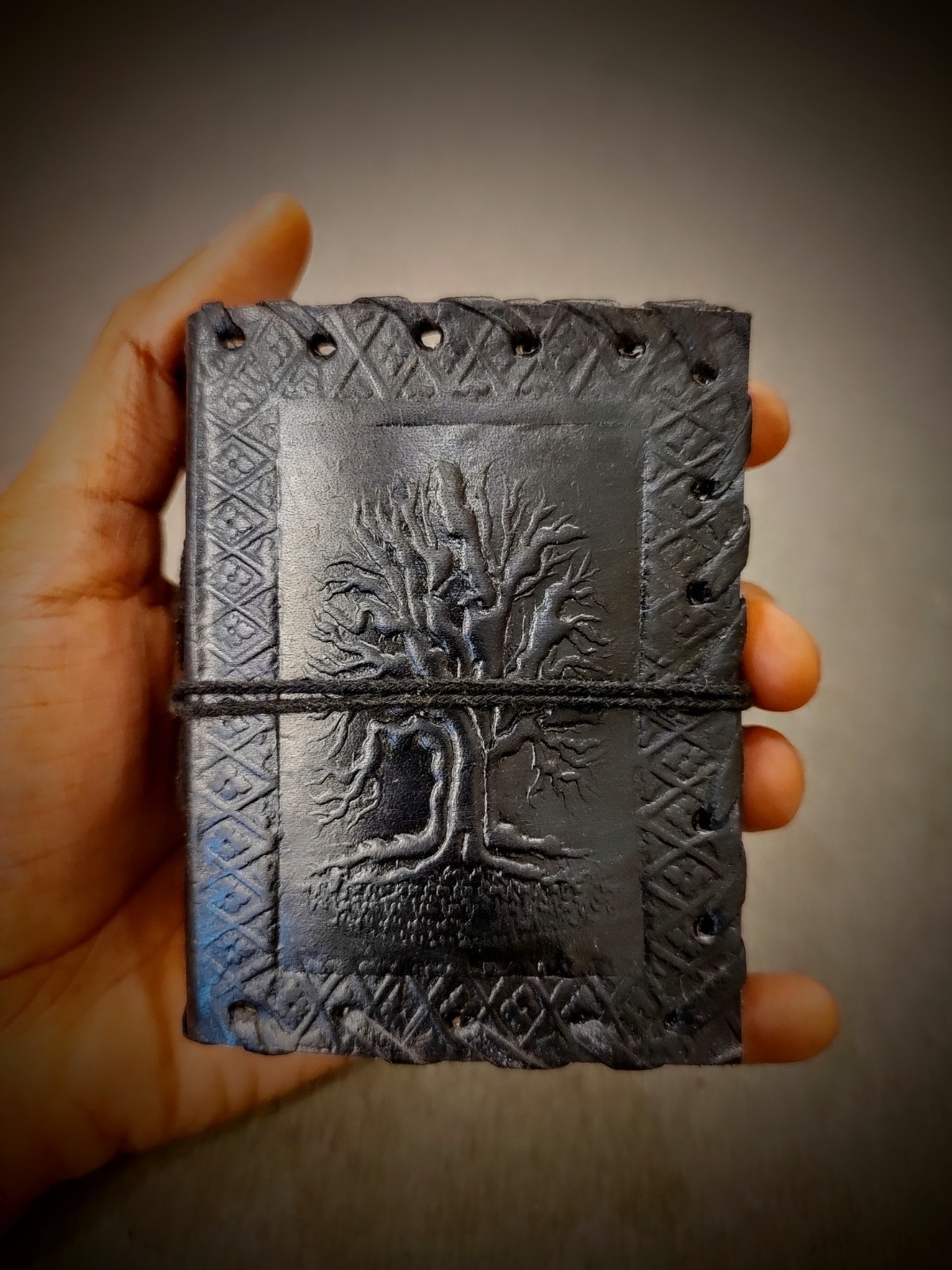 Handmade Black Tree of Life Leather Pocket Journal – 3×4 Inch Refillable Notepad