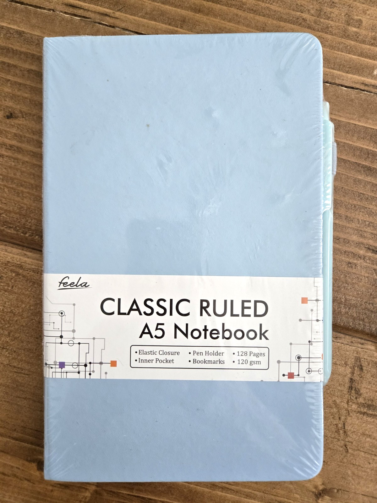 Feela Classic Ruled A5 Notebook Blue Pen Elastic Closure Inner Pocket Bookmark