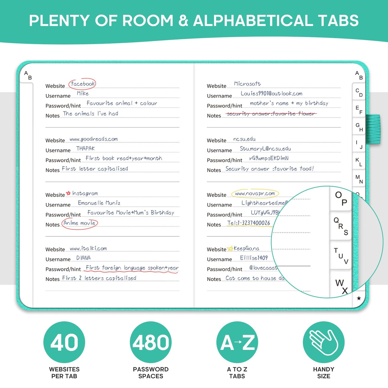 Password Keeper Book with Alphabetical Tabs, Small Password Books for Seniors