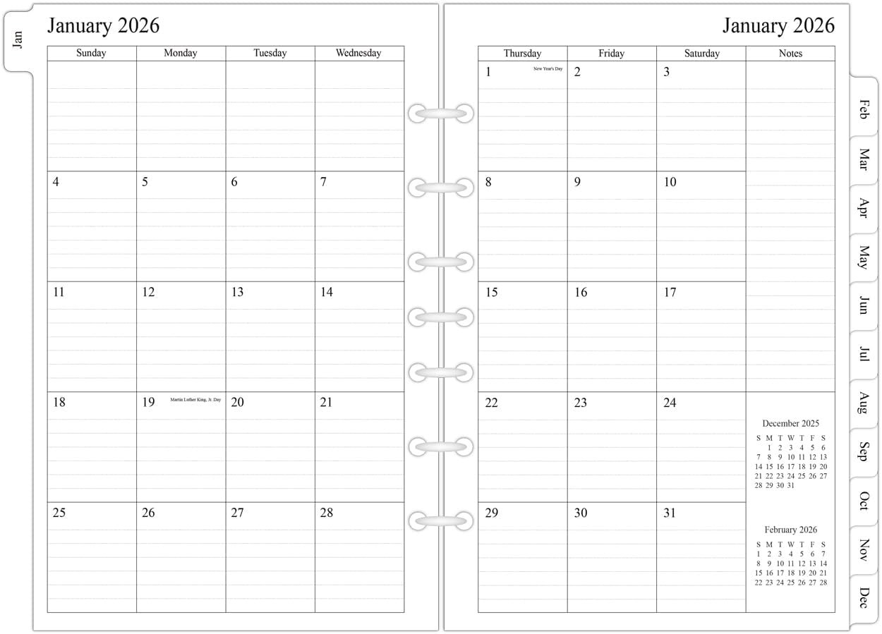 2026 Monthly Planner Refills for Mini Binders 5.5×8.5 Inches