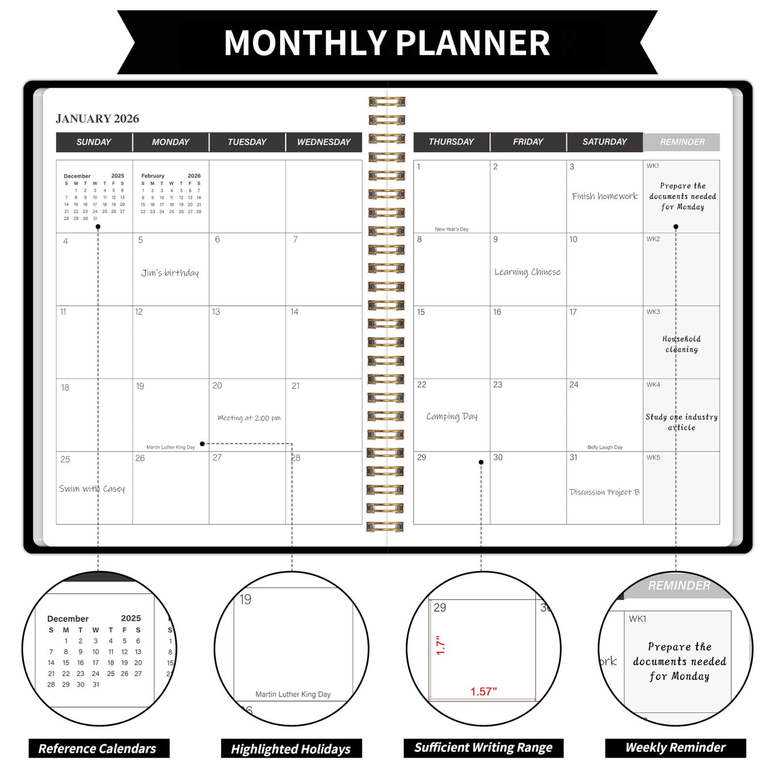 KMQOY Monthly Planner 2026-2027, 2026 Calendar 24 Months Planner, Jan Black