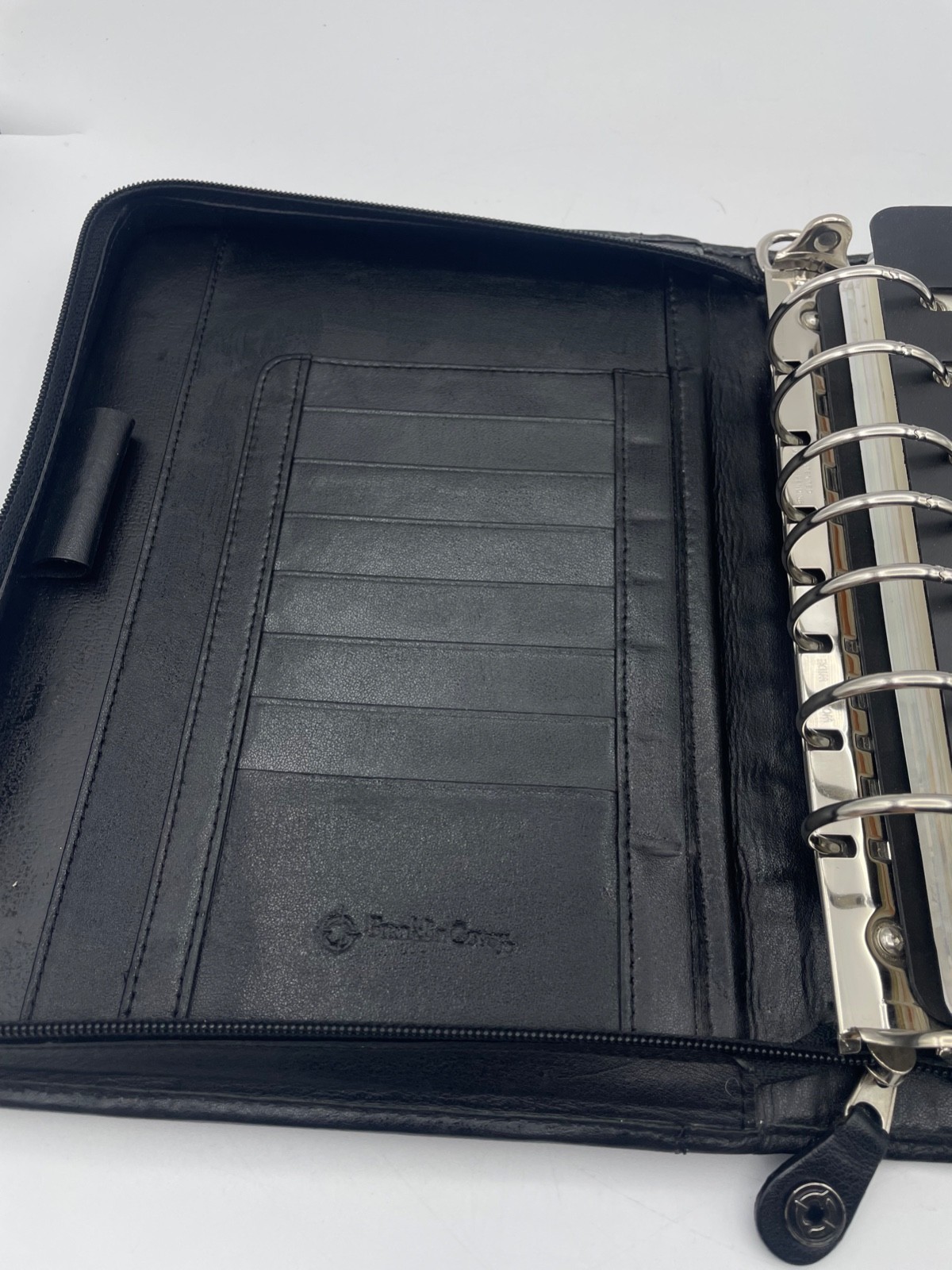Vtg Franklin Covey 7 Ring Nappa Black Leather Zip Binder Style#CL 12215 inserts