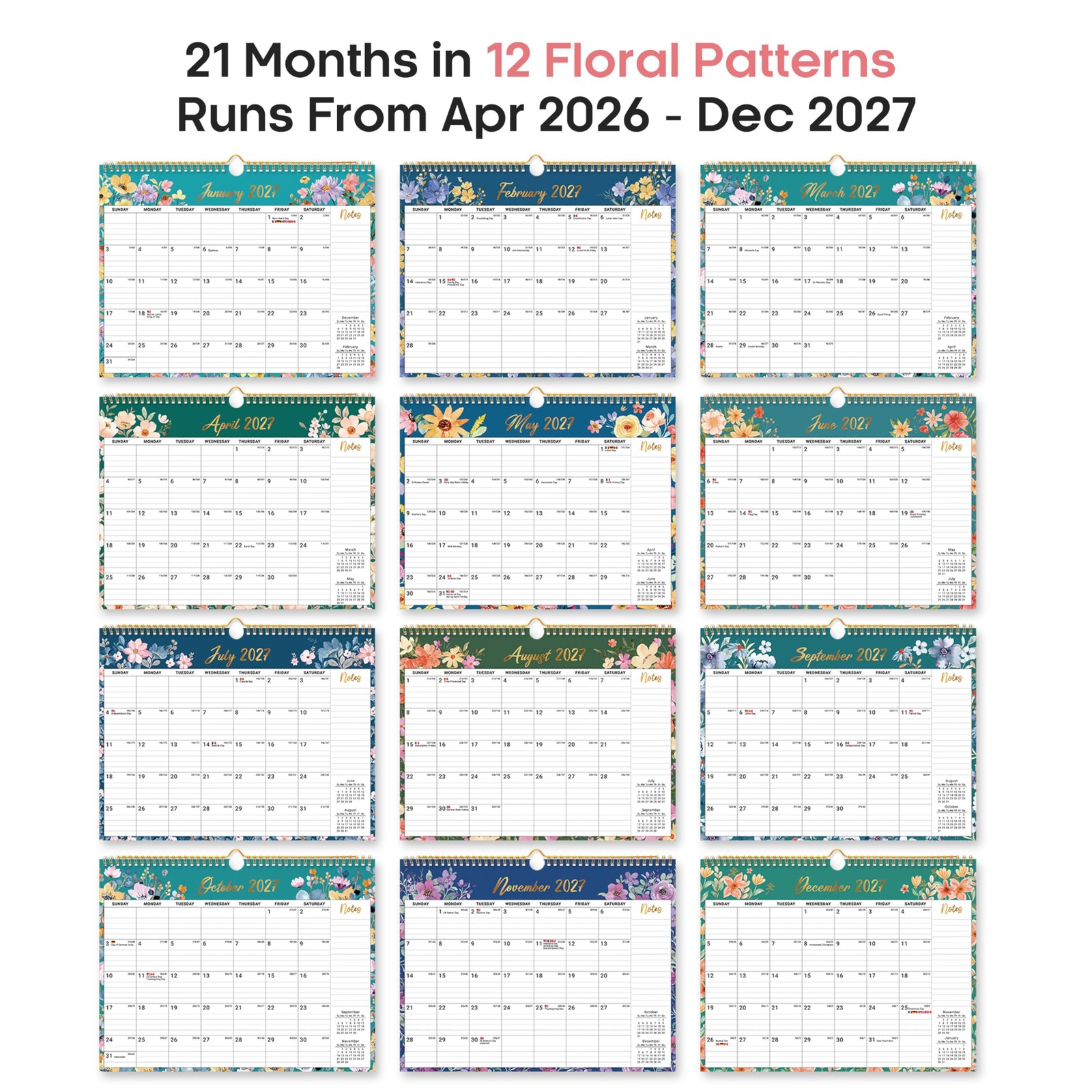 Calendar 2026-2027, Monthly Wall New(Apr 2026–Dec 2027), a-Floral