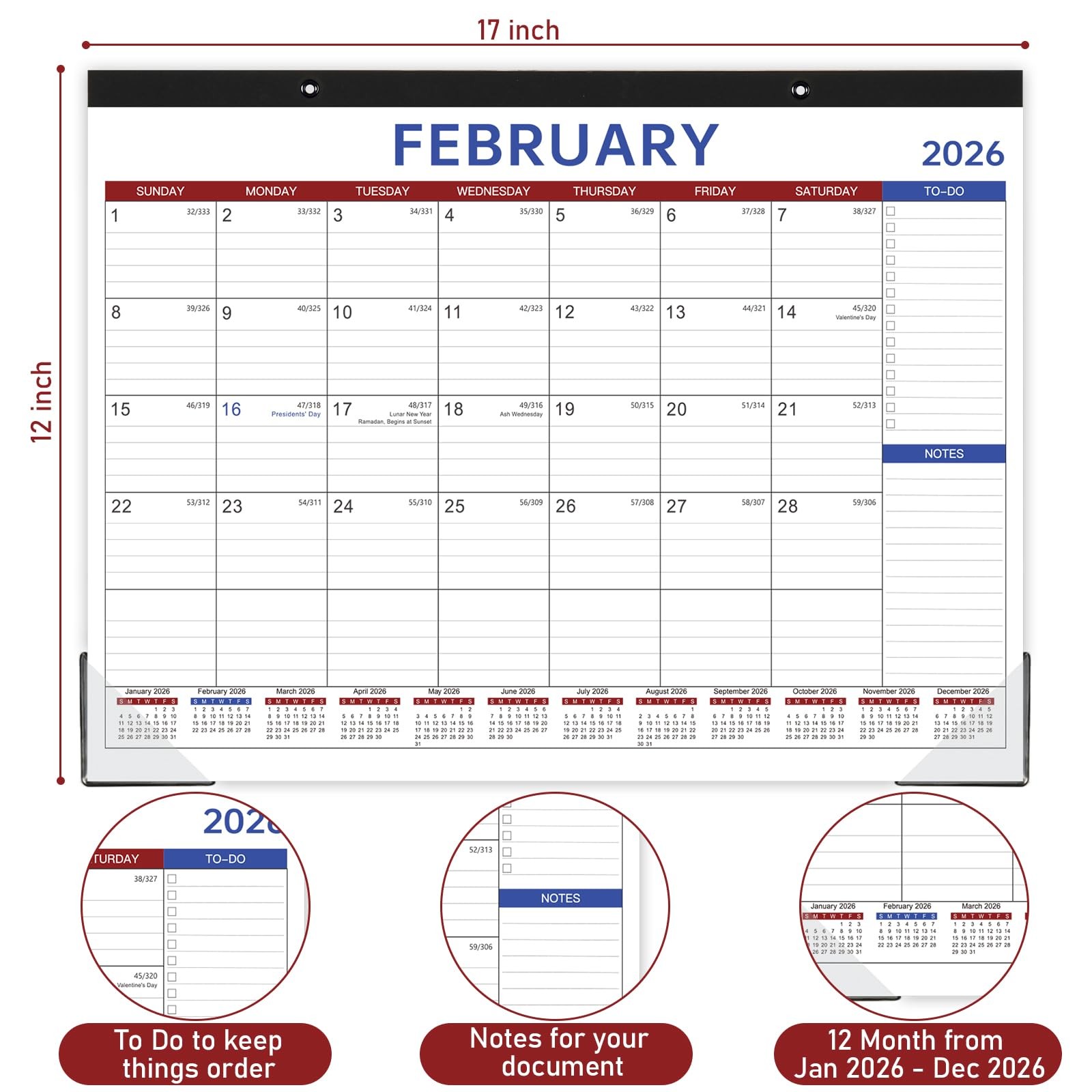 2026 Desk Calendar – Large 17″ x 12″, Black, Grey, Blue, Purple, Red