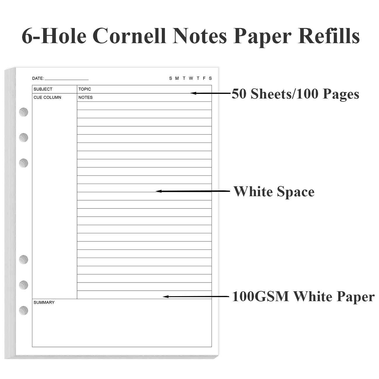 2 Pack Cornell Notes Filler Paper A5 Binder 6 Hole 100 Sheets 5.8×8.3 In
