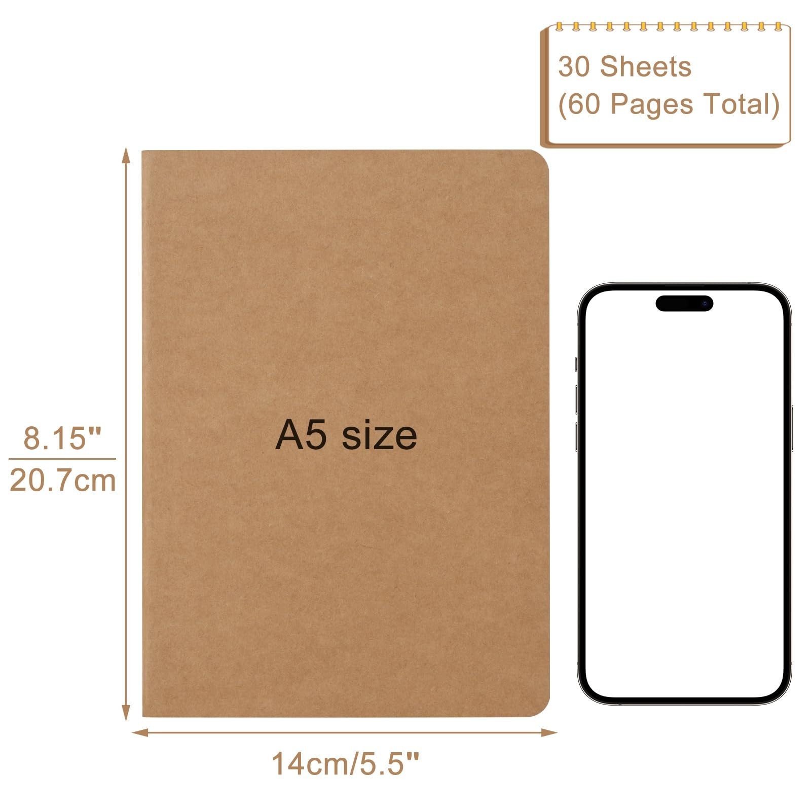 Bulk 5 A5 Kraft Notebooks, 60 Pages Lined Journals For Students, Brown