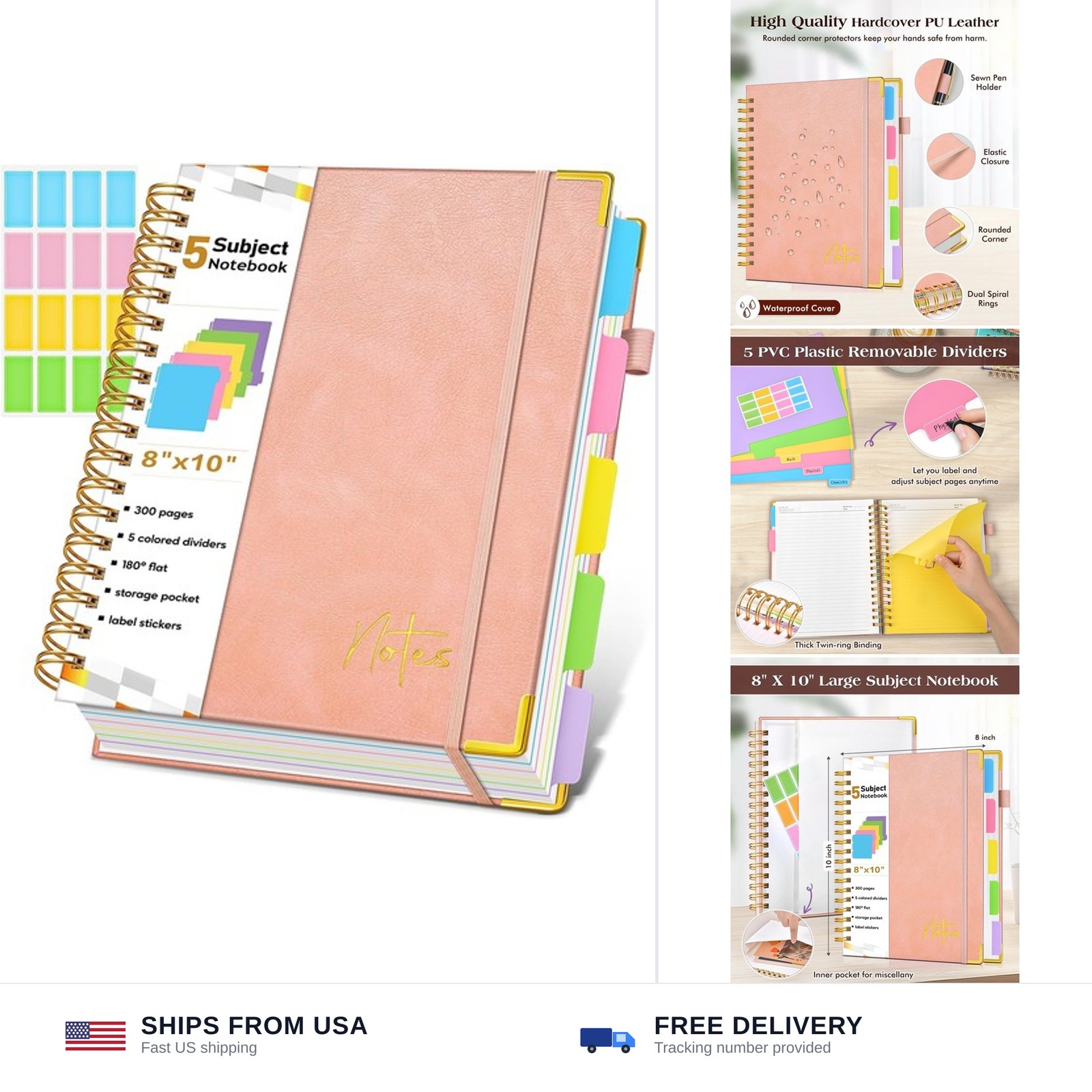 Spiral Notebook Journal with Removable Dividers Tabs, 300 Pages Hardcover Lea…