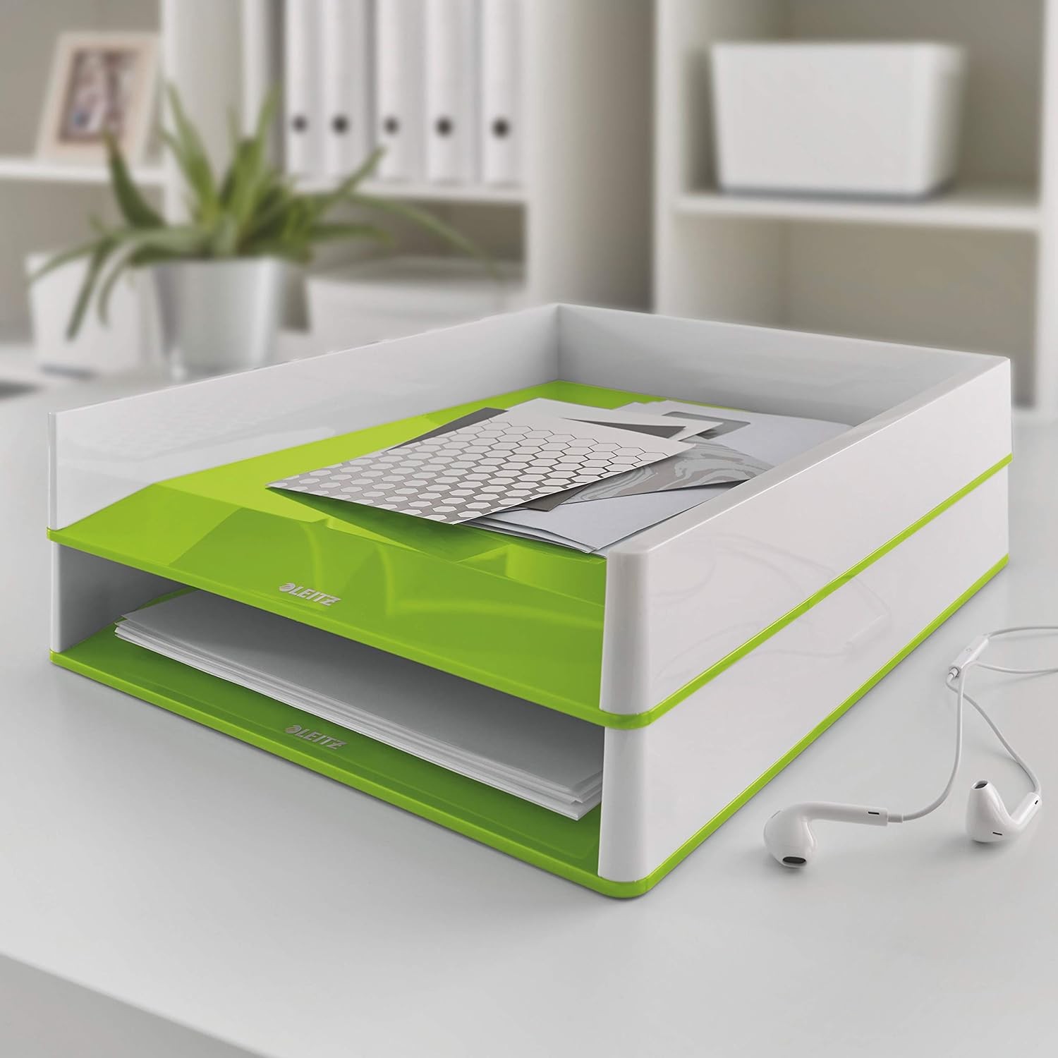 Leitz 53611054 A4 Letter Tray, WOW Range, White/Green
