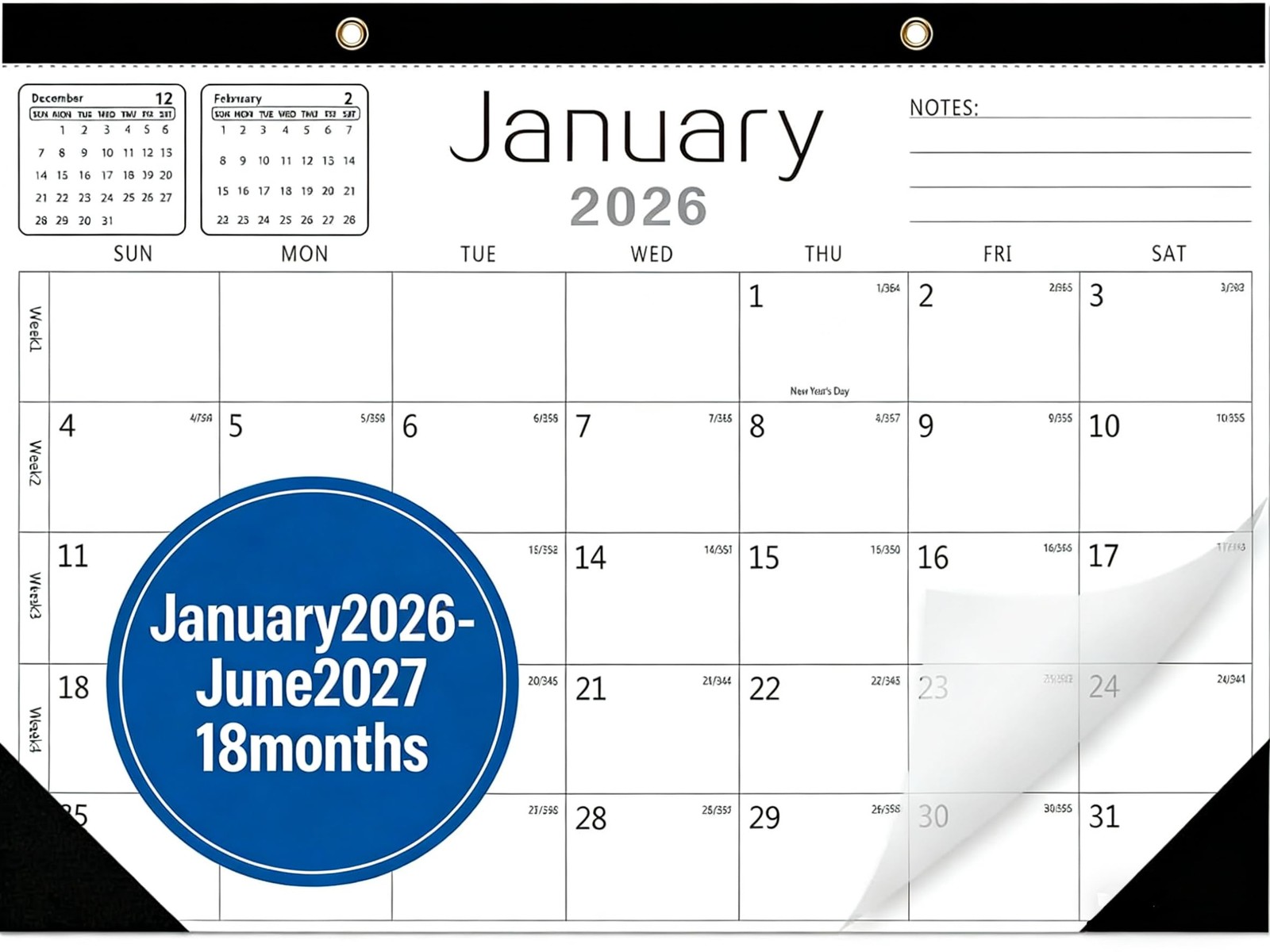Wall Calendar -Desk 2026-2027 from Jan. White(Jan.2026 to Jun.2027)