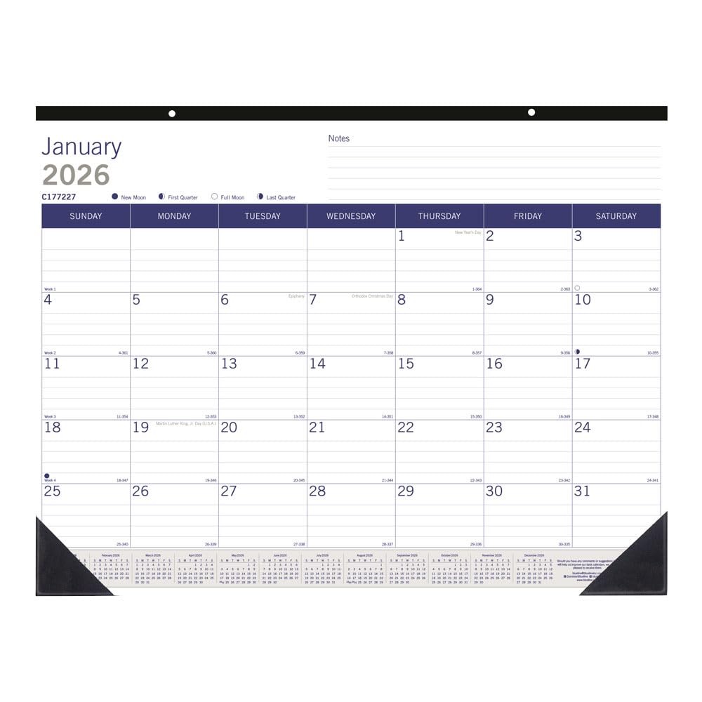 Blueline® 2026 DuraGlobe™ Monthly Desk Pad Calendar, 22″W x 17″H, Blue/White