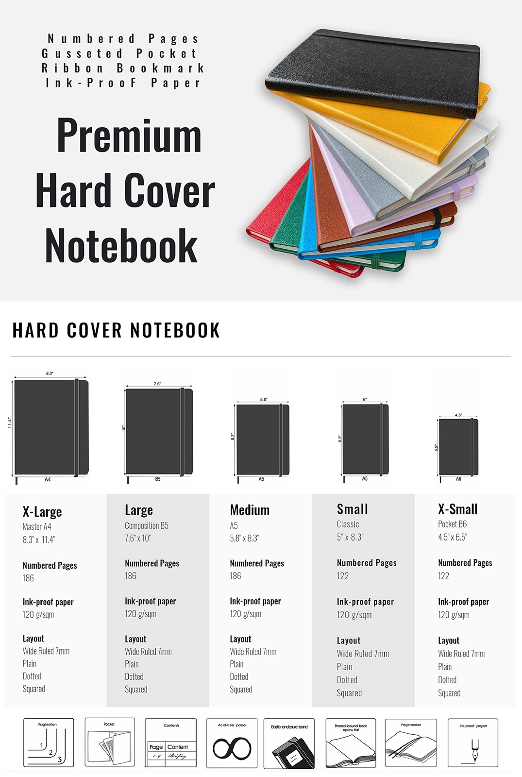 , Premium Hard Cover Notebook Journal, Medium Size, A5 5.8″ x 8.3″, 186 Numbe…