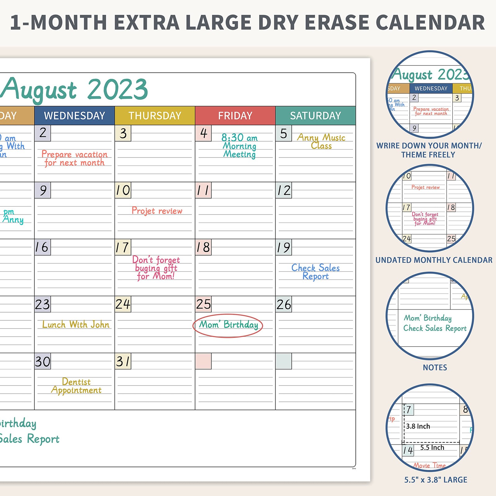 Large Dry Erase Calendar for Wall – Undated Calendar, MULTICOLORED2