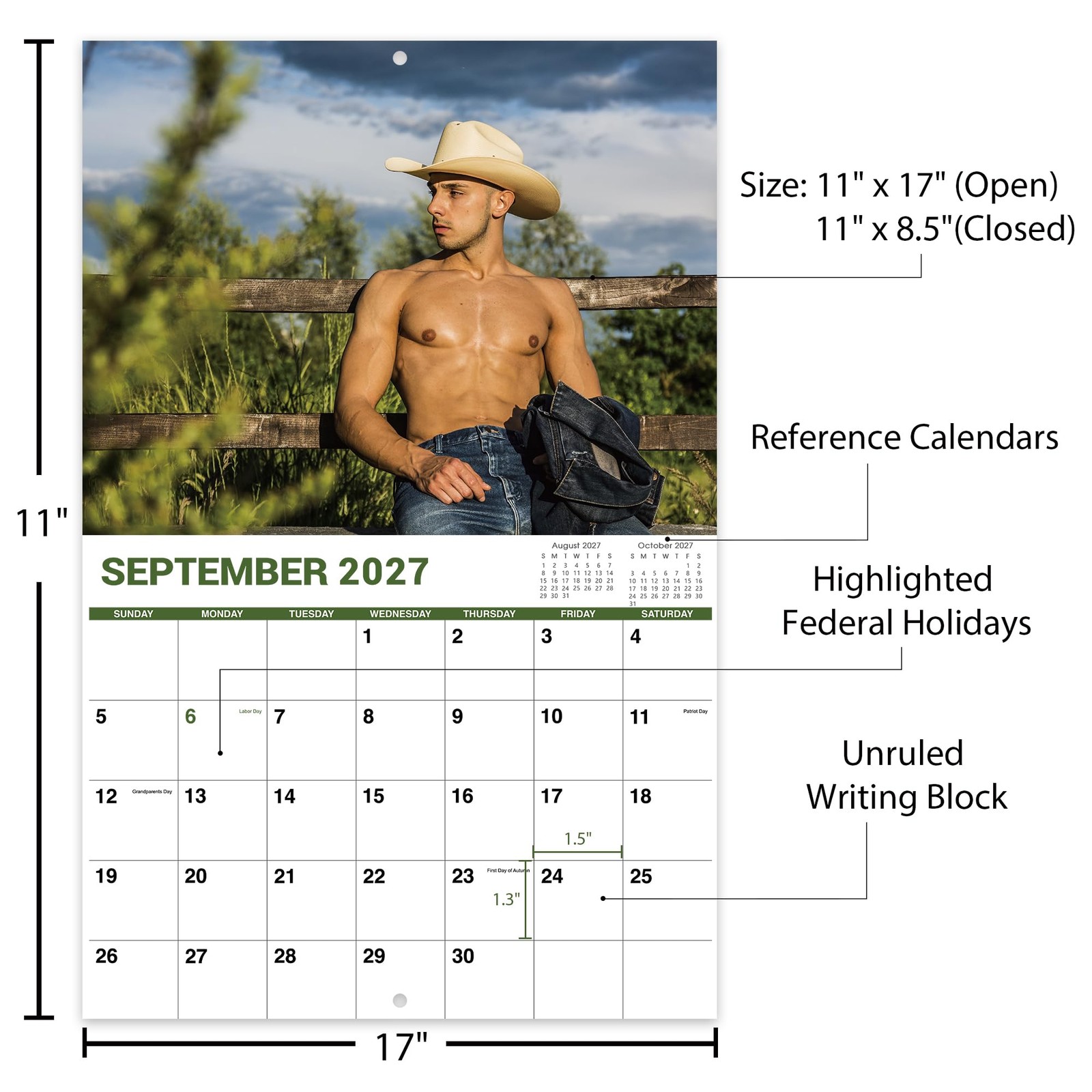 2027 Calendar – Shirtless Cowboys, Wall 2027, Jan. 2027 – 11”x17”