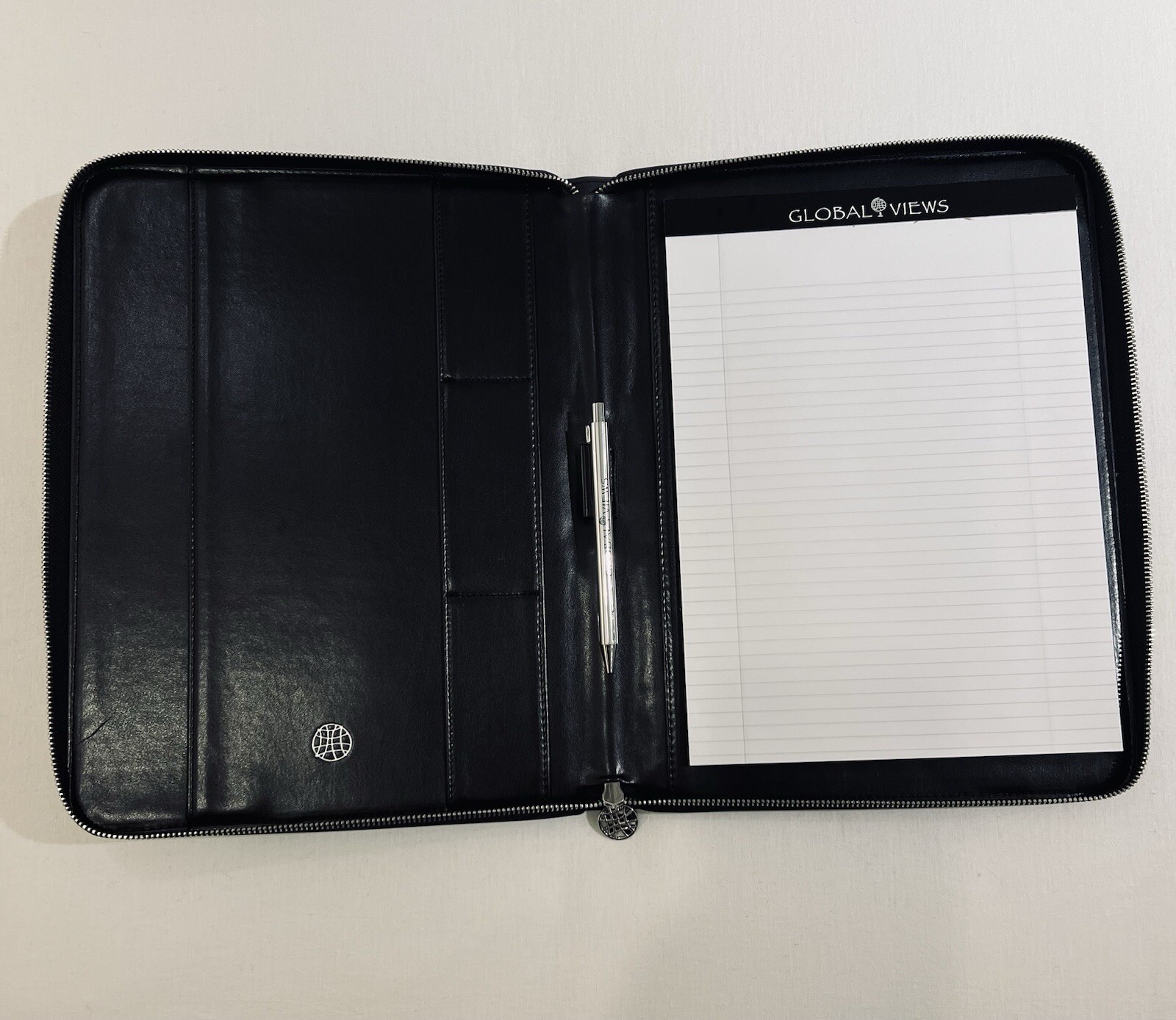 Global Views Work Folio A5 Premium Leather Portfolio Zipper Closure Black New