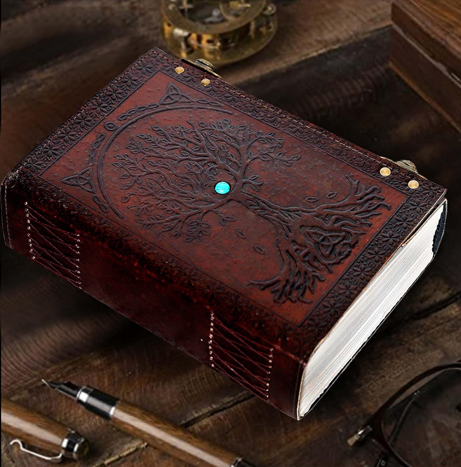 Tree of Life Leather Journal 600 Pages Embossed Notebook Blue Stone Diary