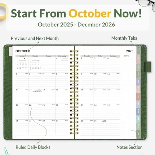 2026 Weekly & Monthly Planner 6.4″x8.5″ – Vegan Leather, Pocket, Bookmark, Deep