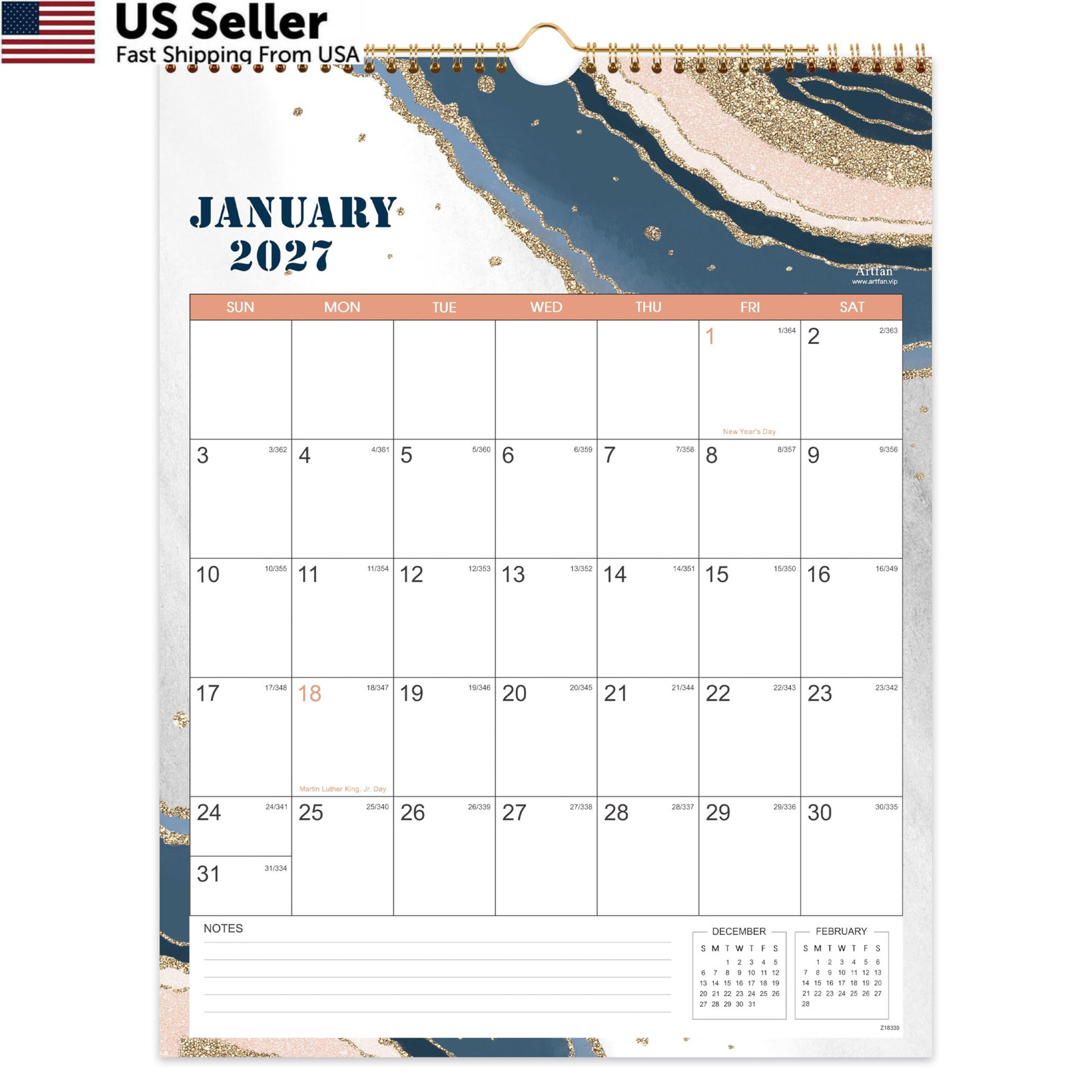 2027 Wall Calendar – JAN 2027 – DEC 2027, 12 Monthly Calendar, 2027 Pink