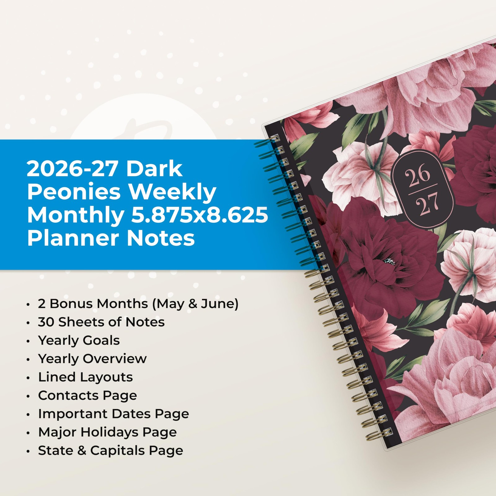 Blue Sky 2026-2027 Weekly and 5.875″ x 8.625″, Dark Peonies- 2026/2027