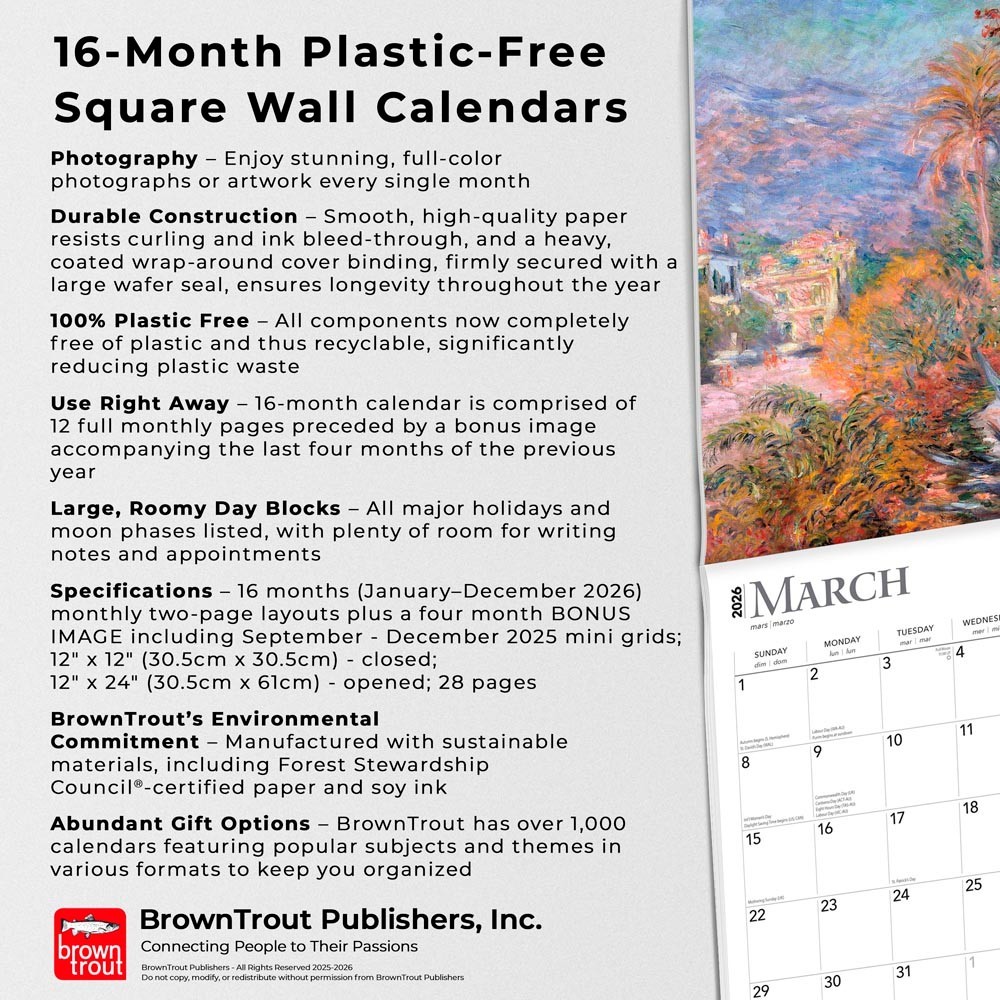 Claude Monet | 2026 12×24″ (Hanging) Monthly Square Wall Calendar | Plastic-Free