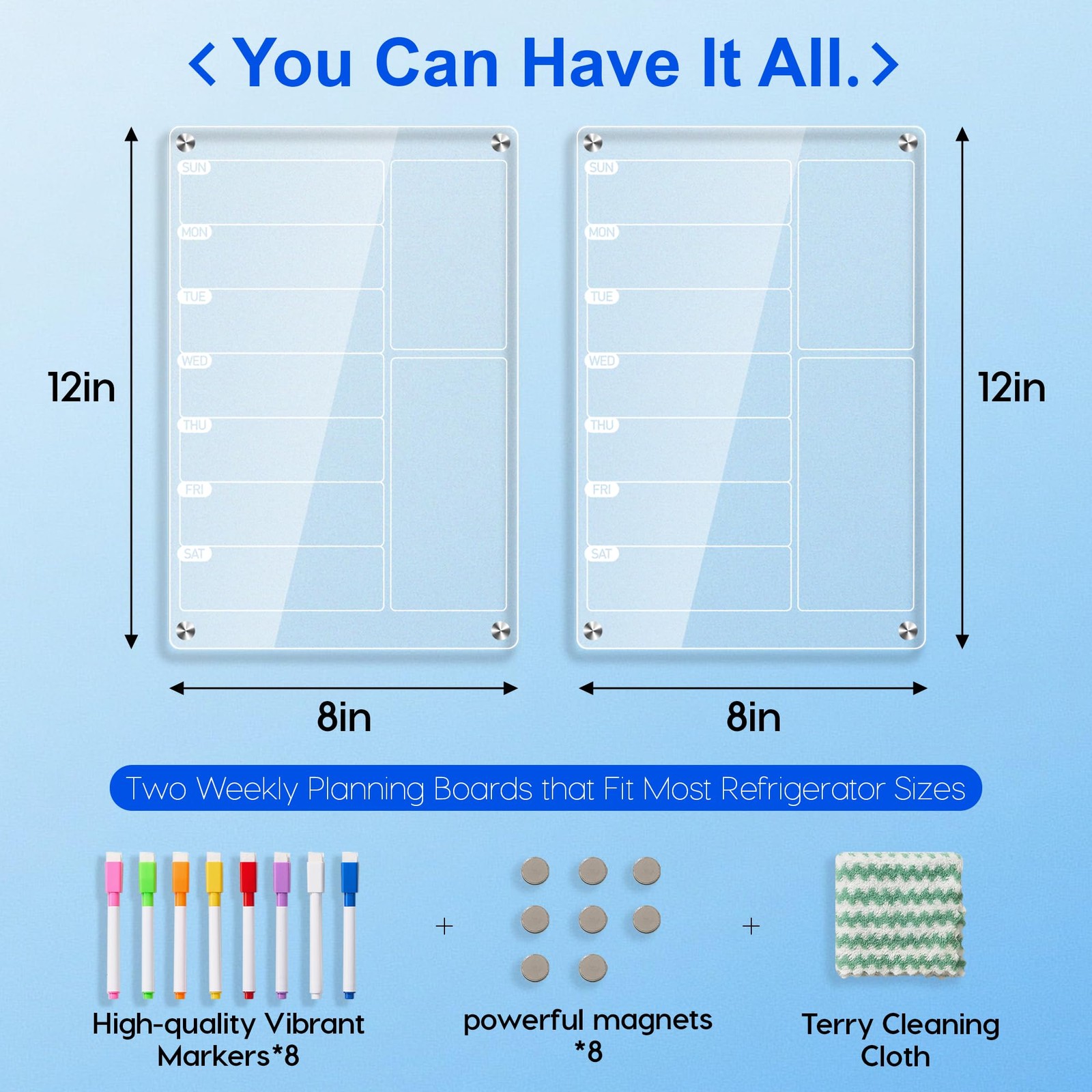 2 Pack Clear Acrylic Magnetic Meal Planner for 12″ x 8″,
