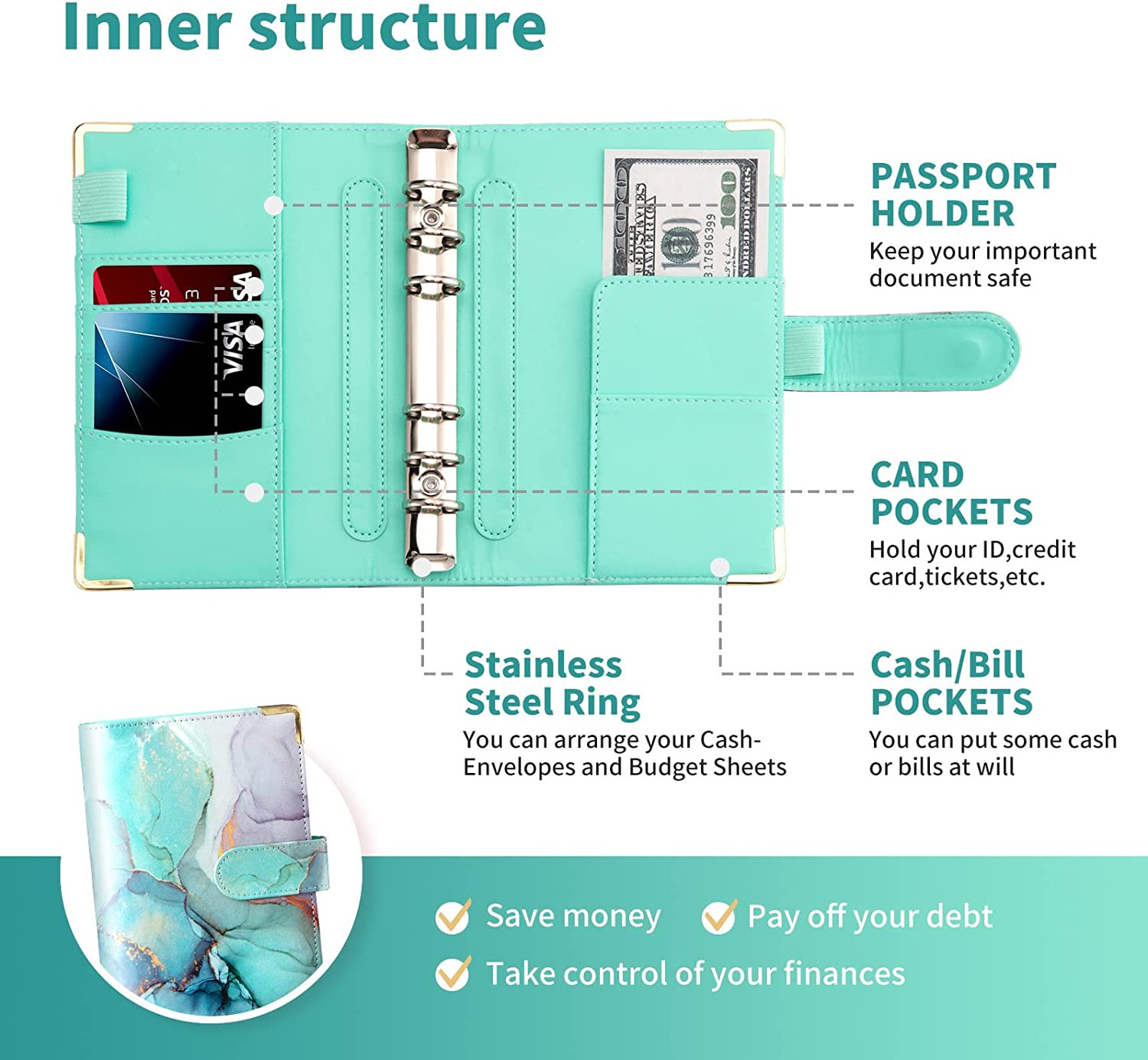 Budget Binder A6 Marble PU Leather Binder Money Organizer Cash Envelopes