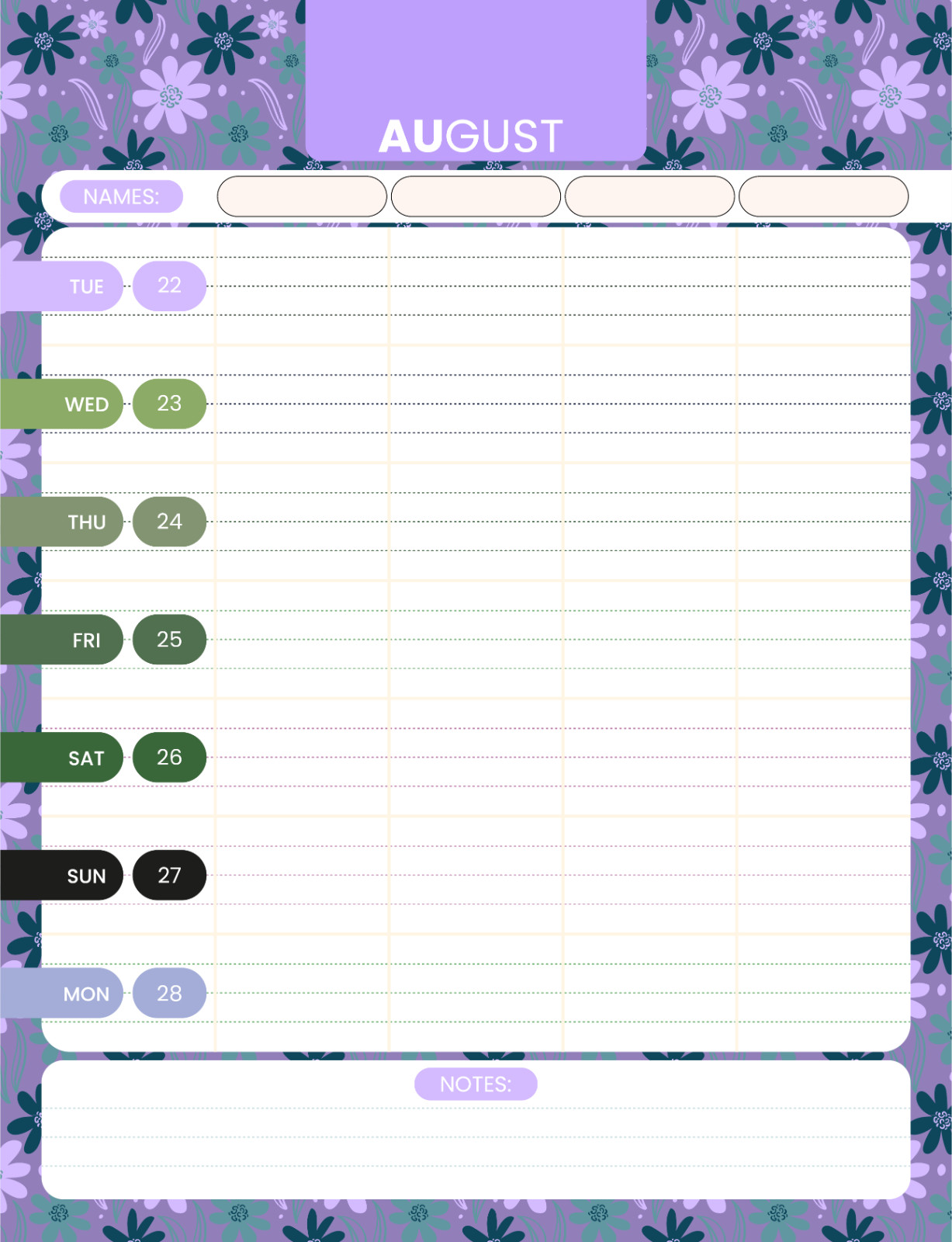 Family Planner 2023 – 4 columns, 12 months, Floral themes / Instant download.pdf
