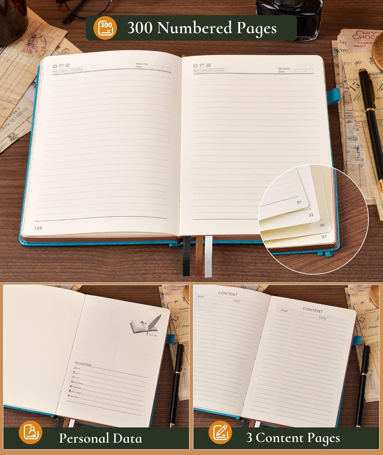 Vintage Leather Journal – 300 Page Lined Journal Notebook with Numbered Pages…