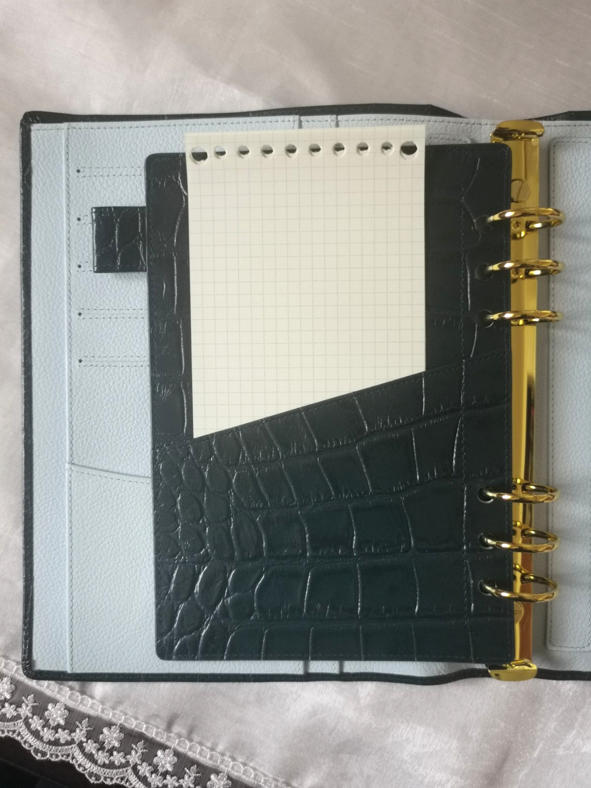 Genuine Leather Croc Embossed A5 Ring Binder Planner Back Pocket Blue Color