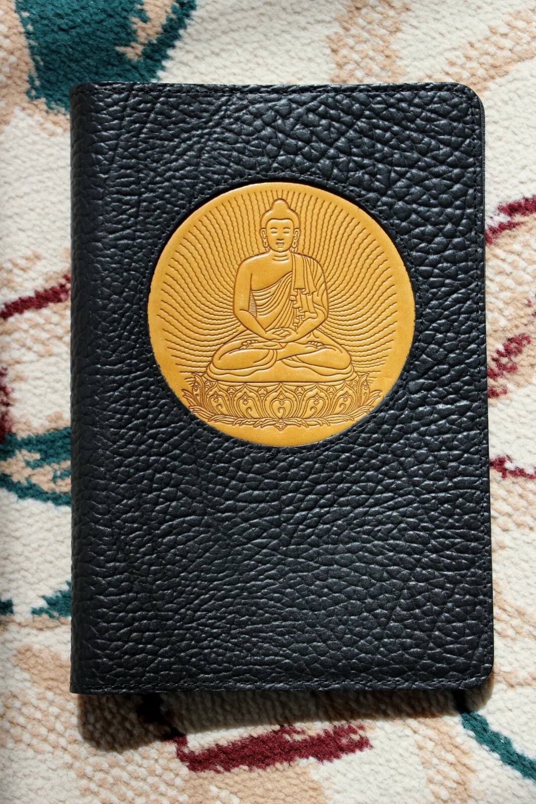 Oberon Design Leather Journal Cover 6″ x 9″ BUDDHA Icon in Black/Marigold