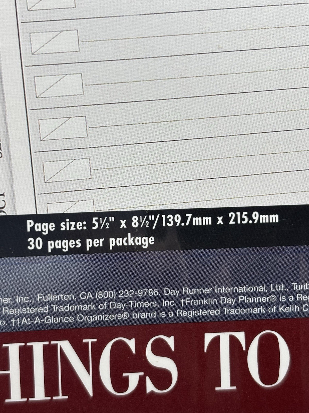 DAY RUNNER PRO Things To Do Pages #88190 NOS Pack 30 Sheets Sealed 7 Holes 1996
