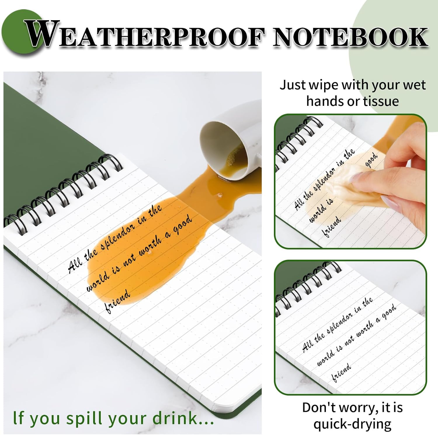 Waterproof Notebook, 4 Pack Top-Spiral Pocket Notepad, 3″ X 5″ Weatherproof Note