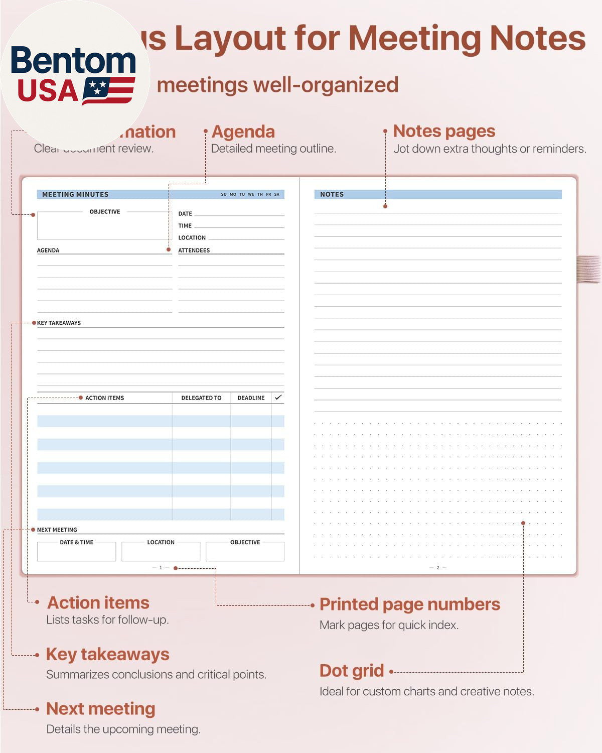 Meeting Notebook for Work, Work Planner Notebook with Action Items, B5 Size Proj