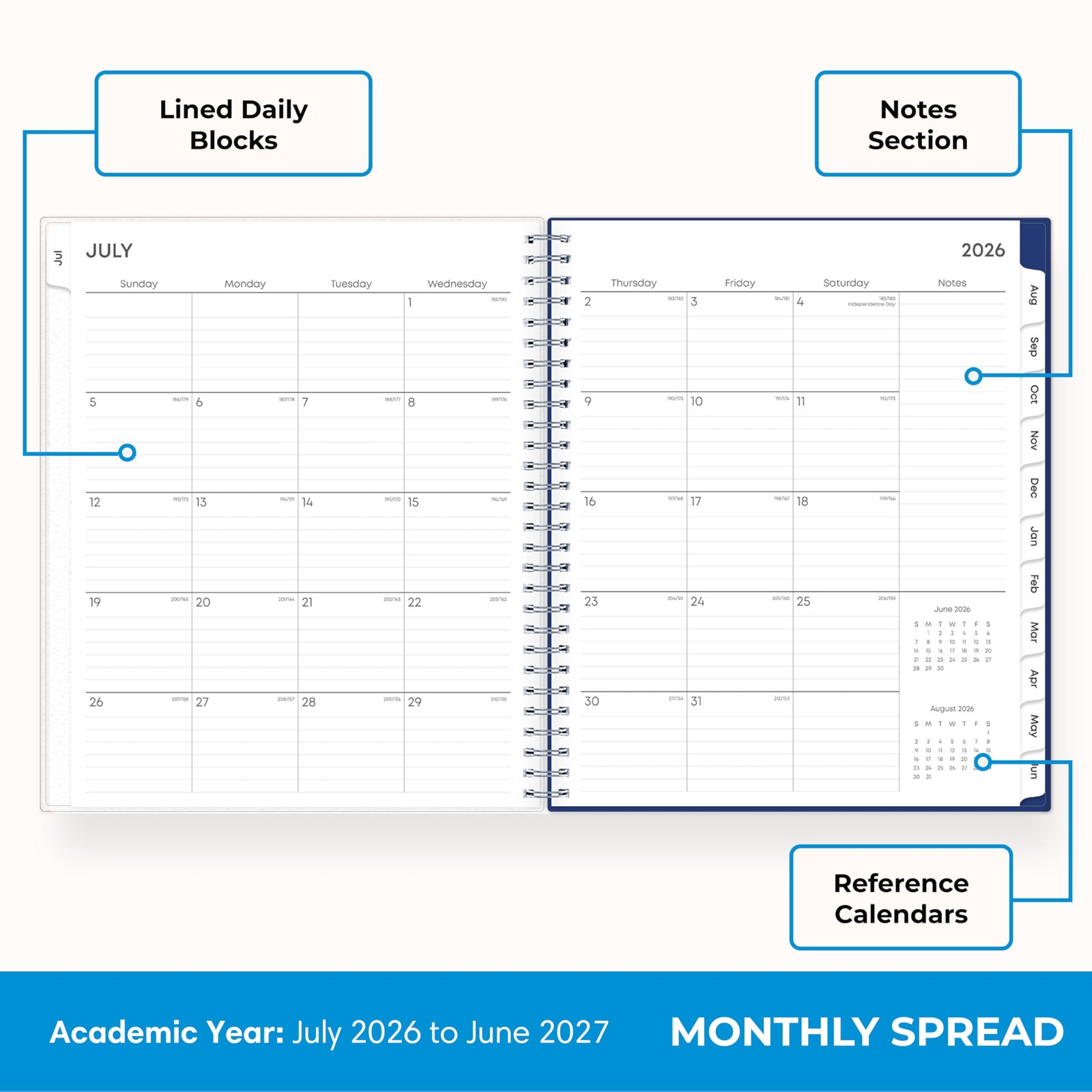 Blue Sky 2026-2027 Monthly Academic Year Planner Calendar, July 2026 – June 2…