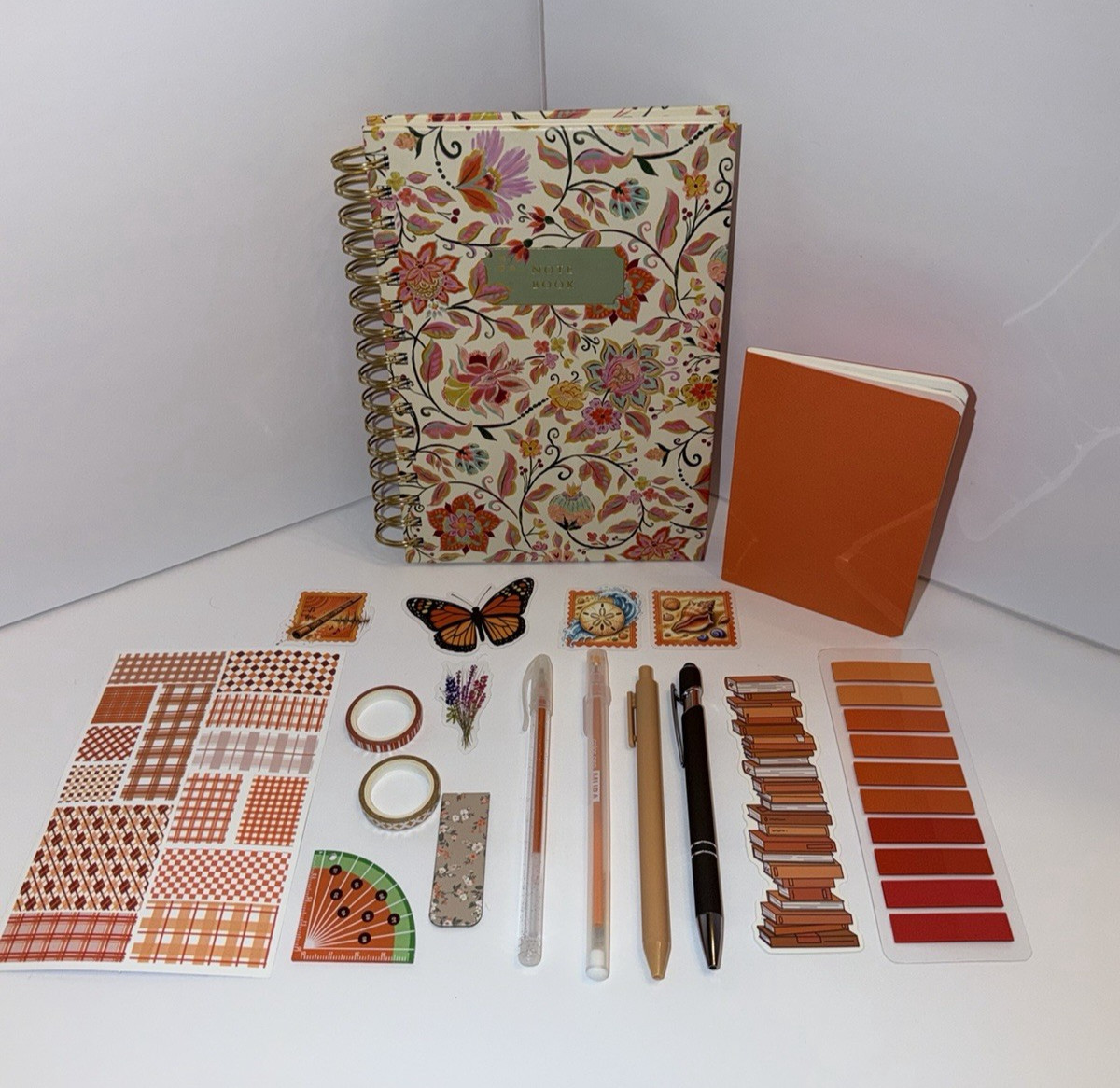 Floral Multi Colored Journal with various Orange Stationary 18 pc Lot