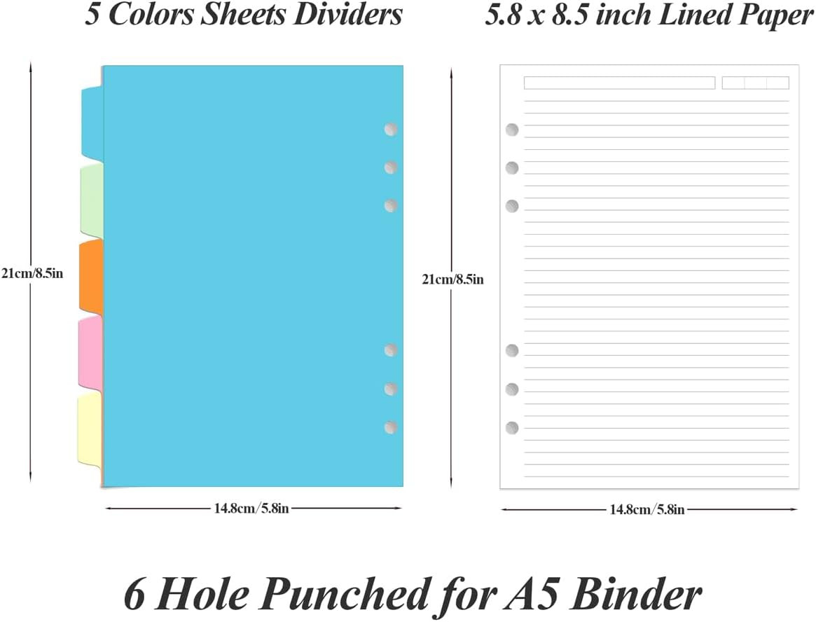 A5 Refill Paper – 6 Hole Planner Inserts for A5 Binder, 200 Pages 6 Ring Loose L