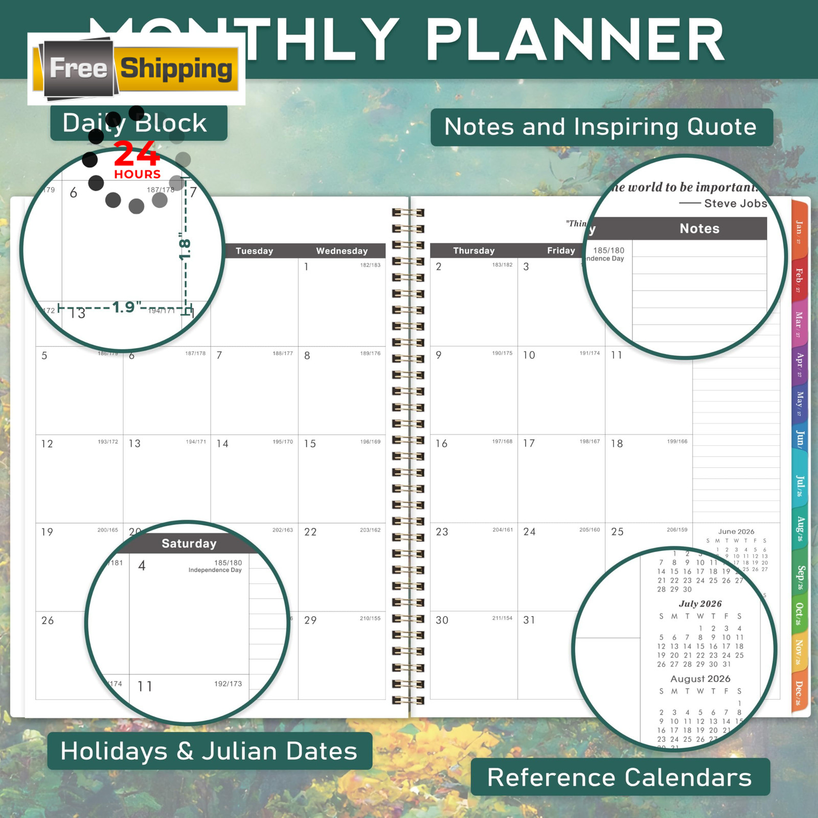 2026-2029 Monthly Planner/Calendar – 9 X 11 inches, Dreaming Moonlight Green