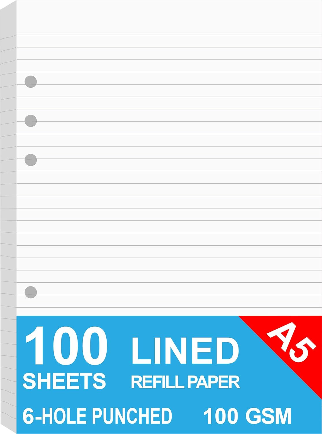 A5 Lined Paper, Refills for Filofax Planner, Organizer, Binders, 6 Hole Punched,